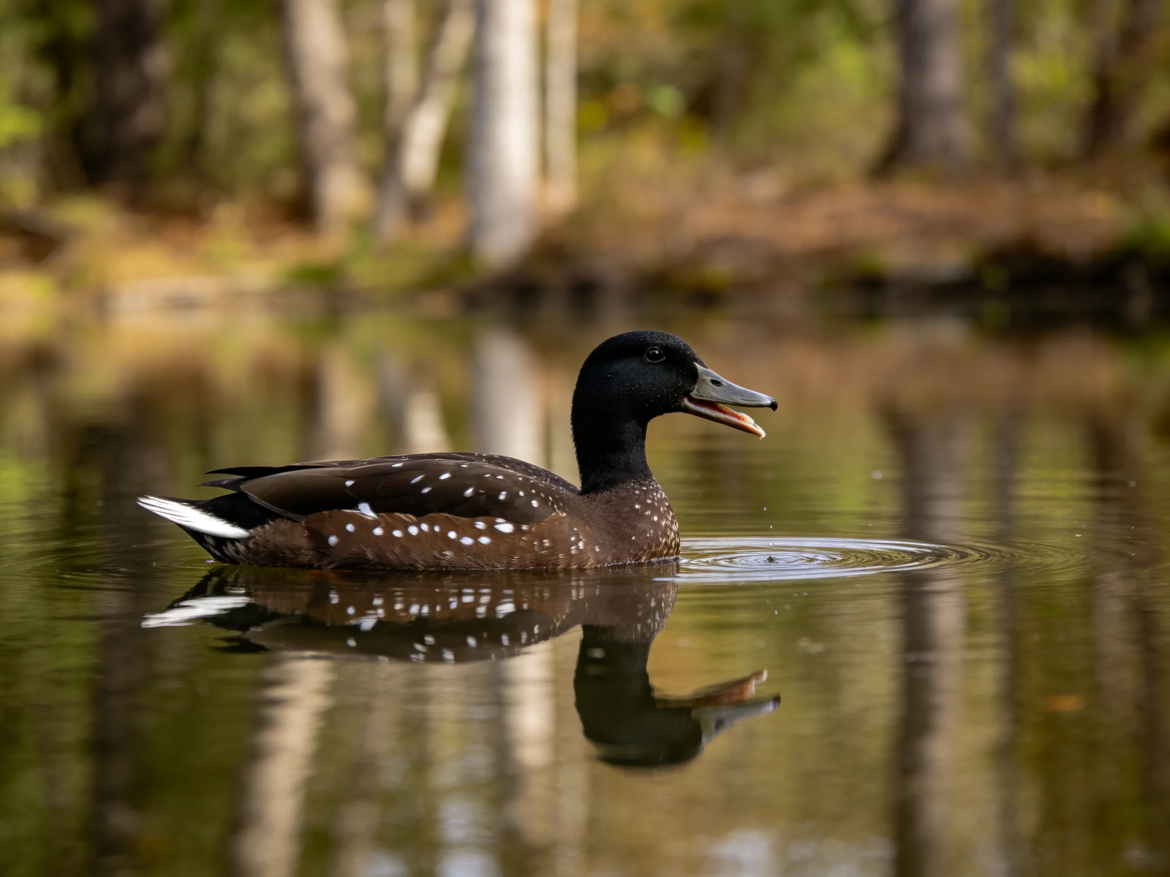 A spotted duck swims in forested calm water