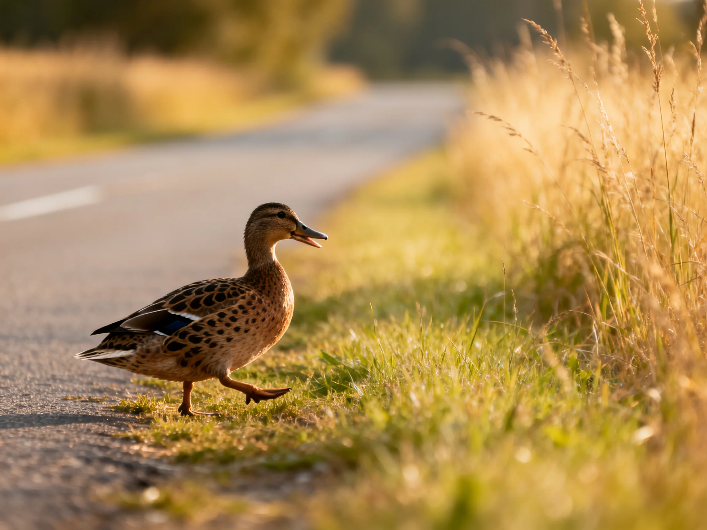 A spotted duck walks along a sunlit rural roadside