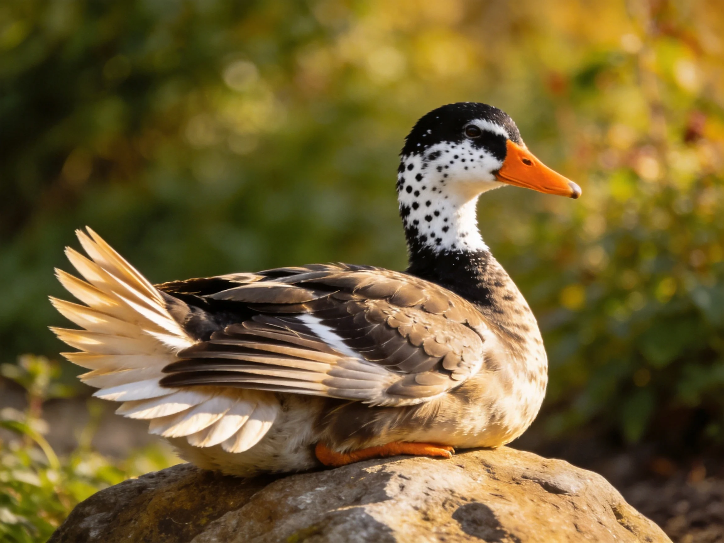 A spotted duck with an orange beak sits on a rock among greenery