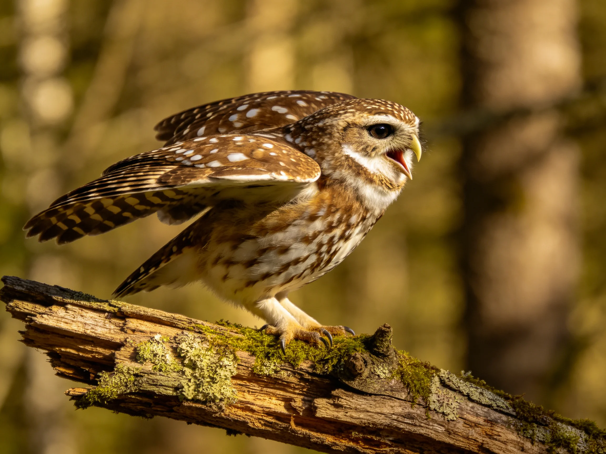 A spotted owl perched on a mossy wooden branch