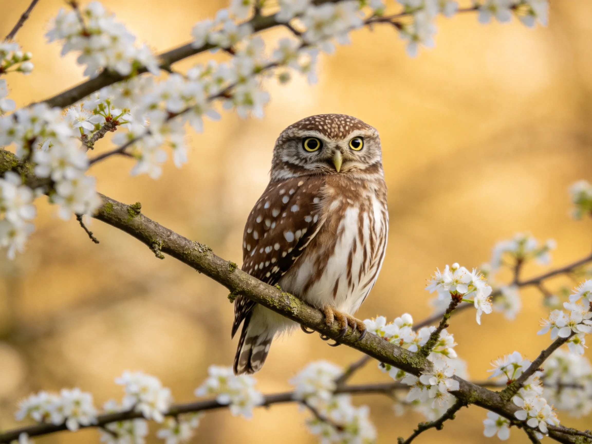 A spotted owl perches among white flowering tree branches