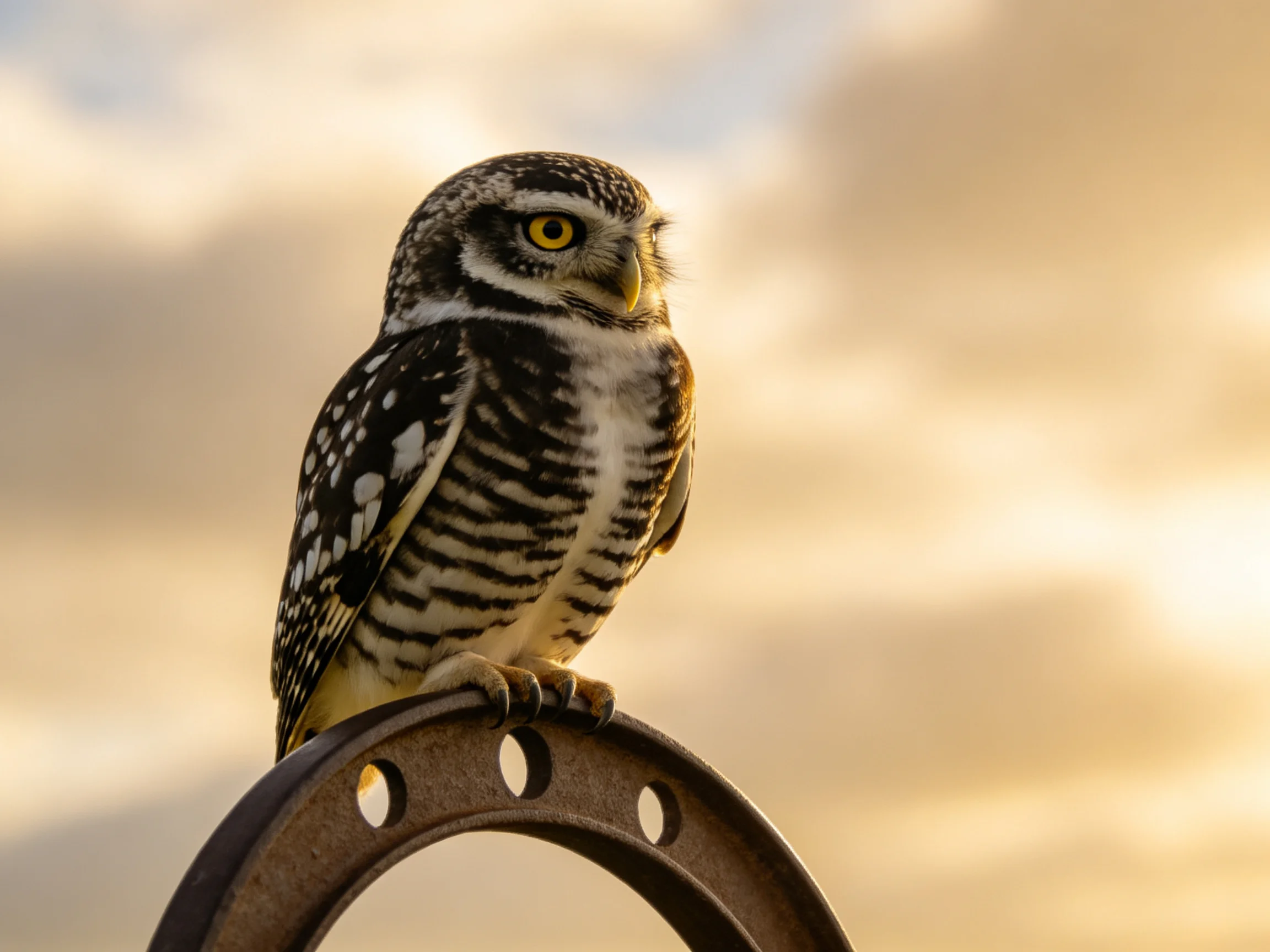 A spotted owl perches on a rusted metal ring under golden skies