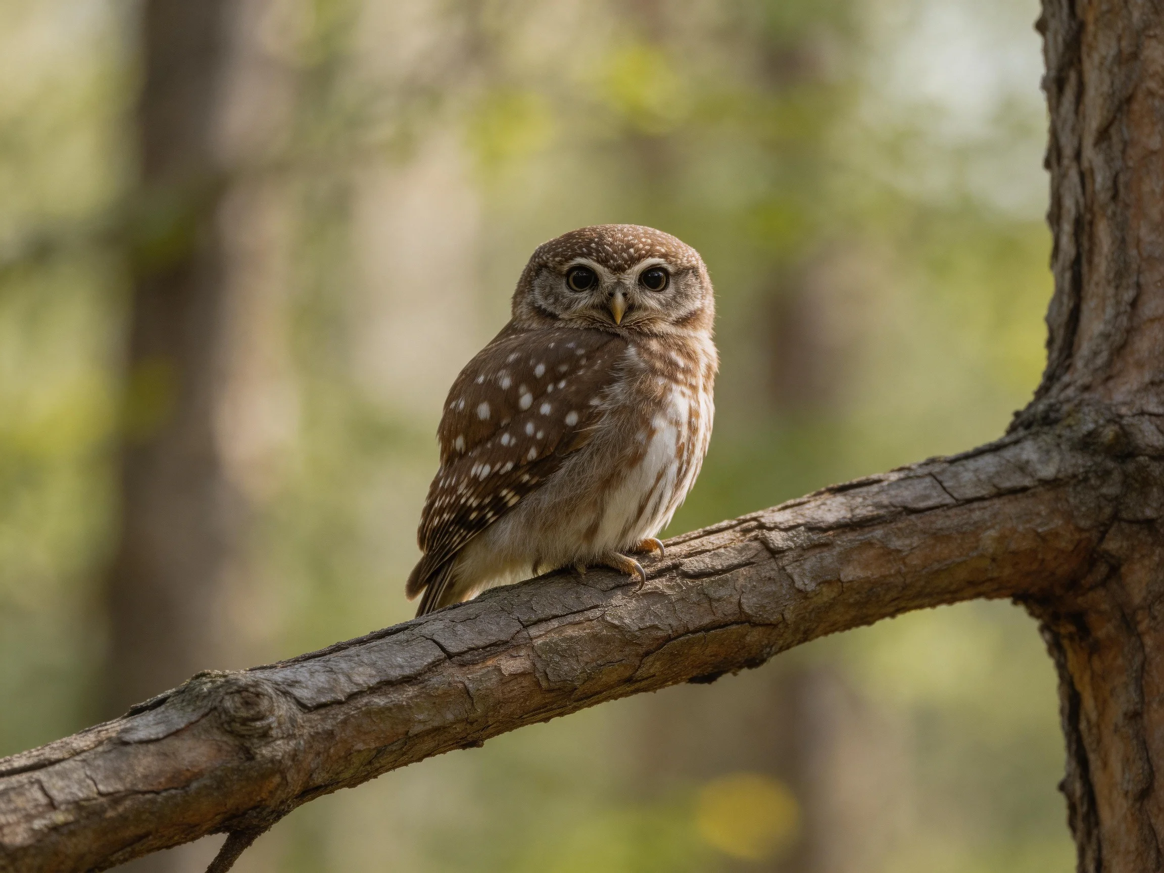 A spotted owl perches on a textured tree branch