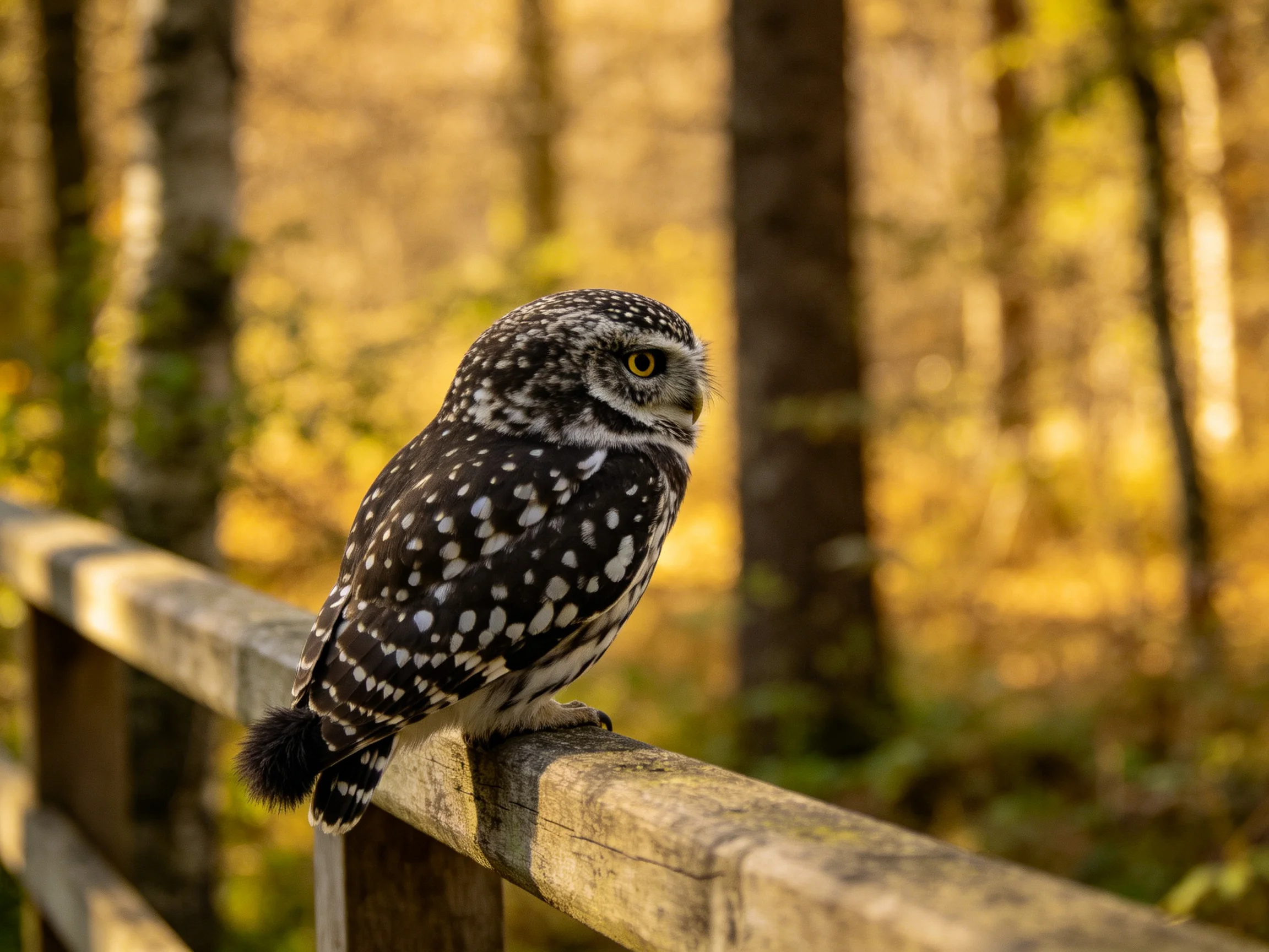 A spotted owl perches on a weathered wooden fence amid forest scenery
