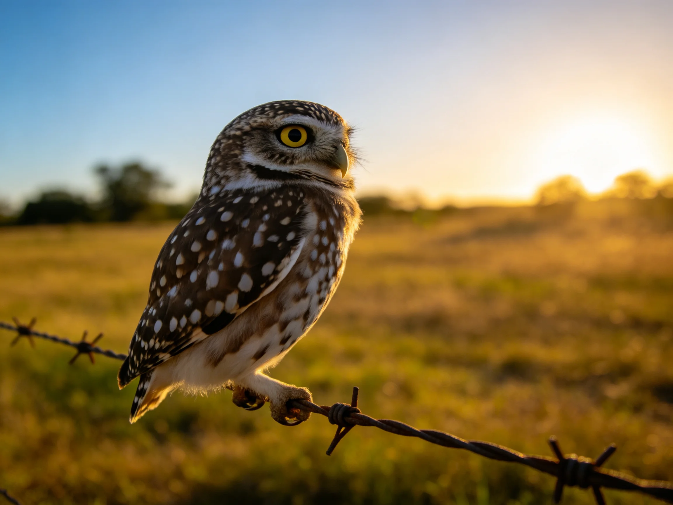 A spotted owl perches on barbed wire amid golden sunset fields