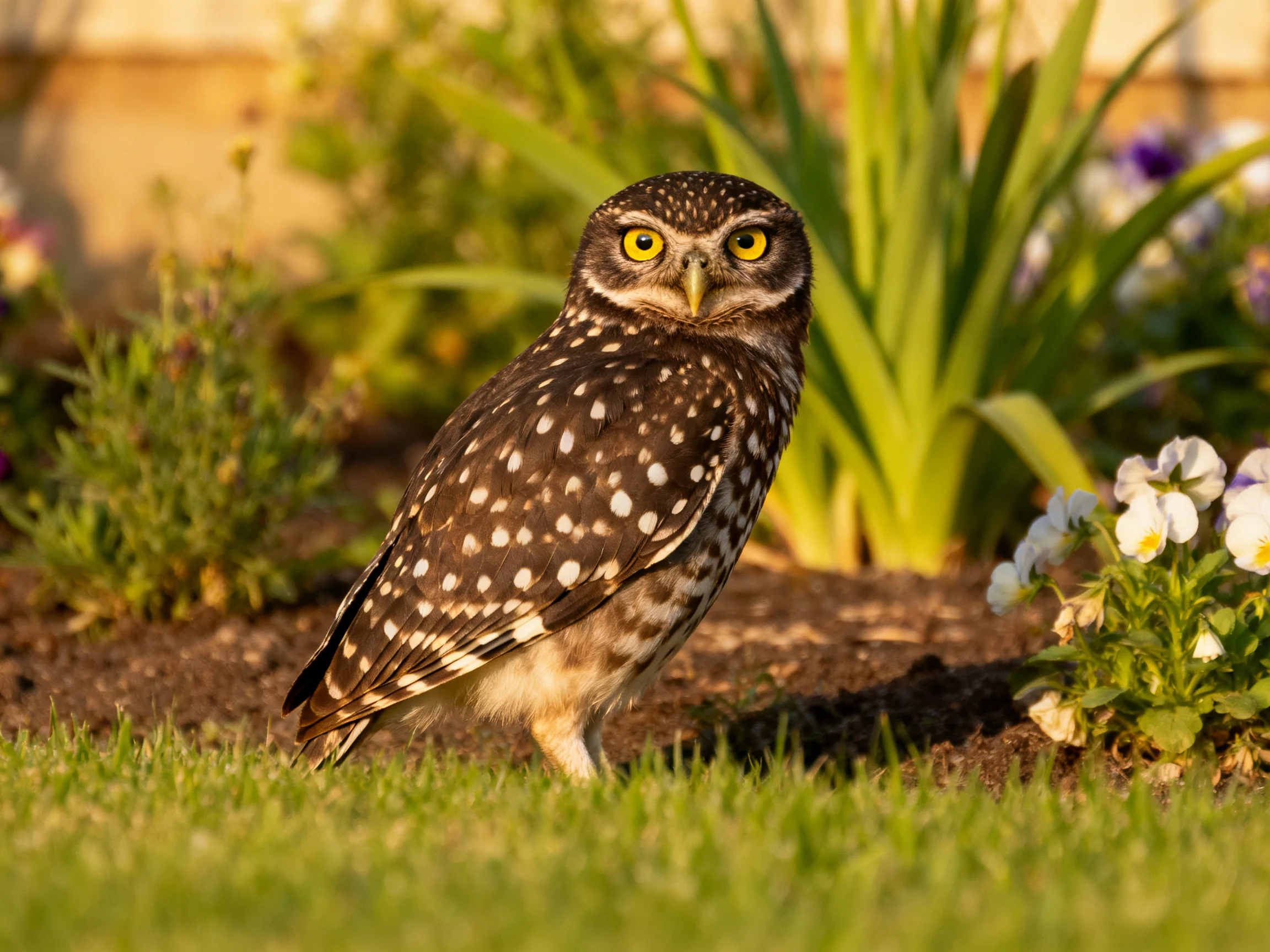 A spotted owl stands near vibrant flowers and greenery