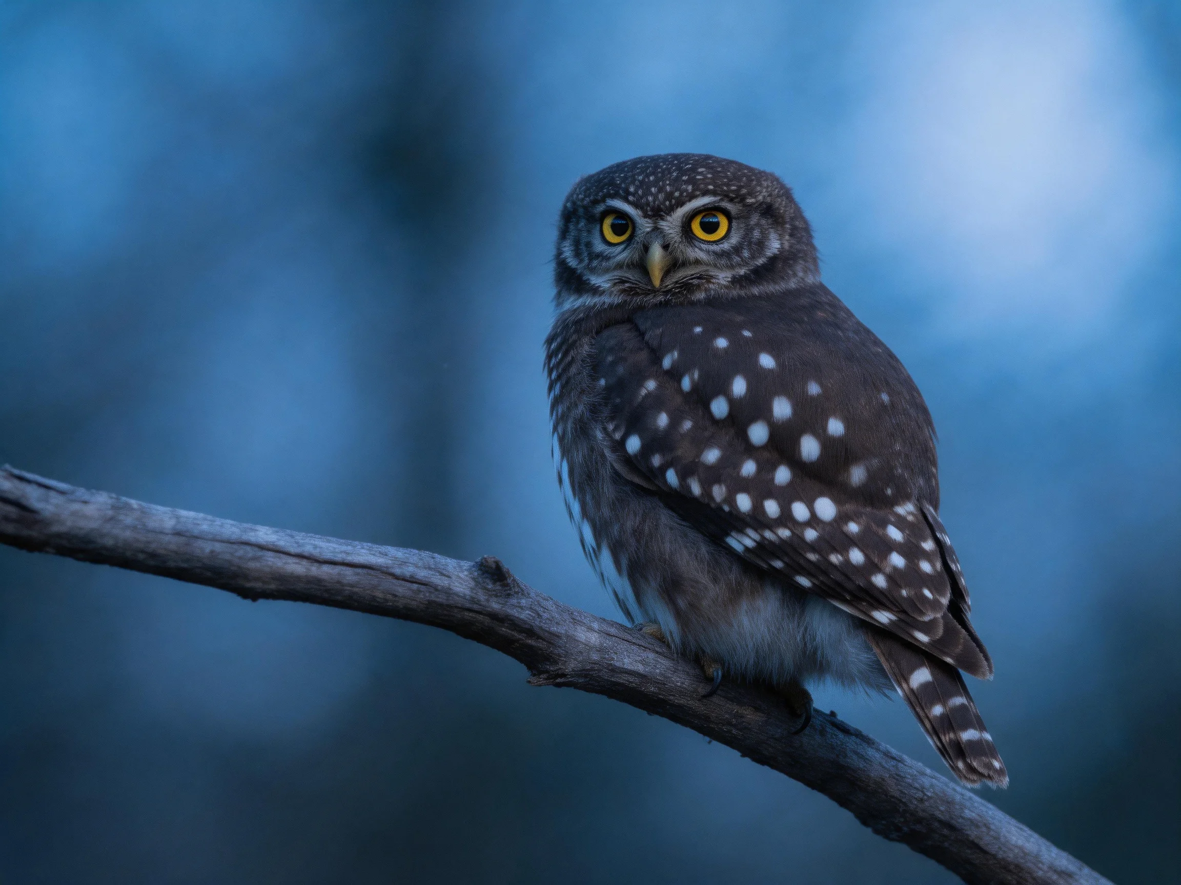 A spotted owl with bright eyes perches on a dark branch