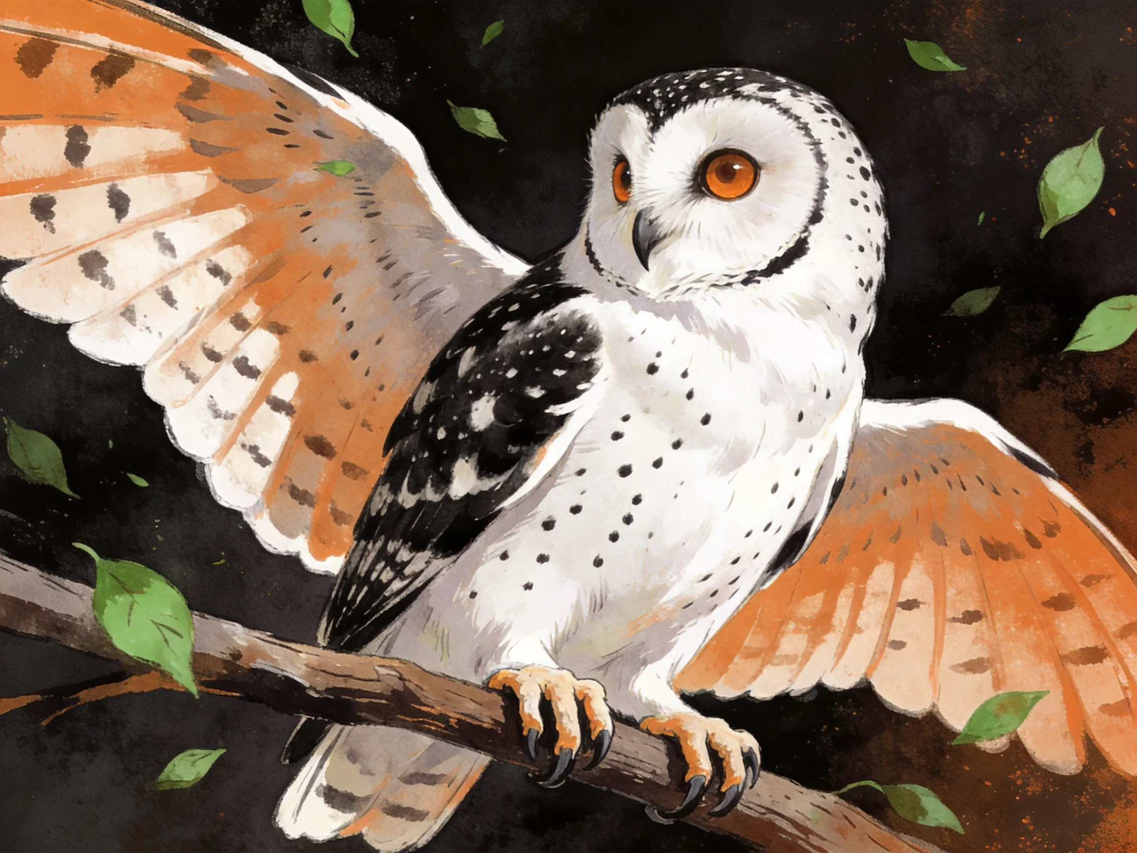 A spotted owl with orange wings perched on a branch