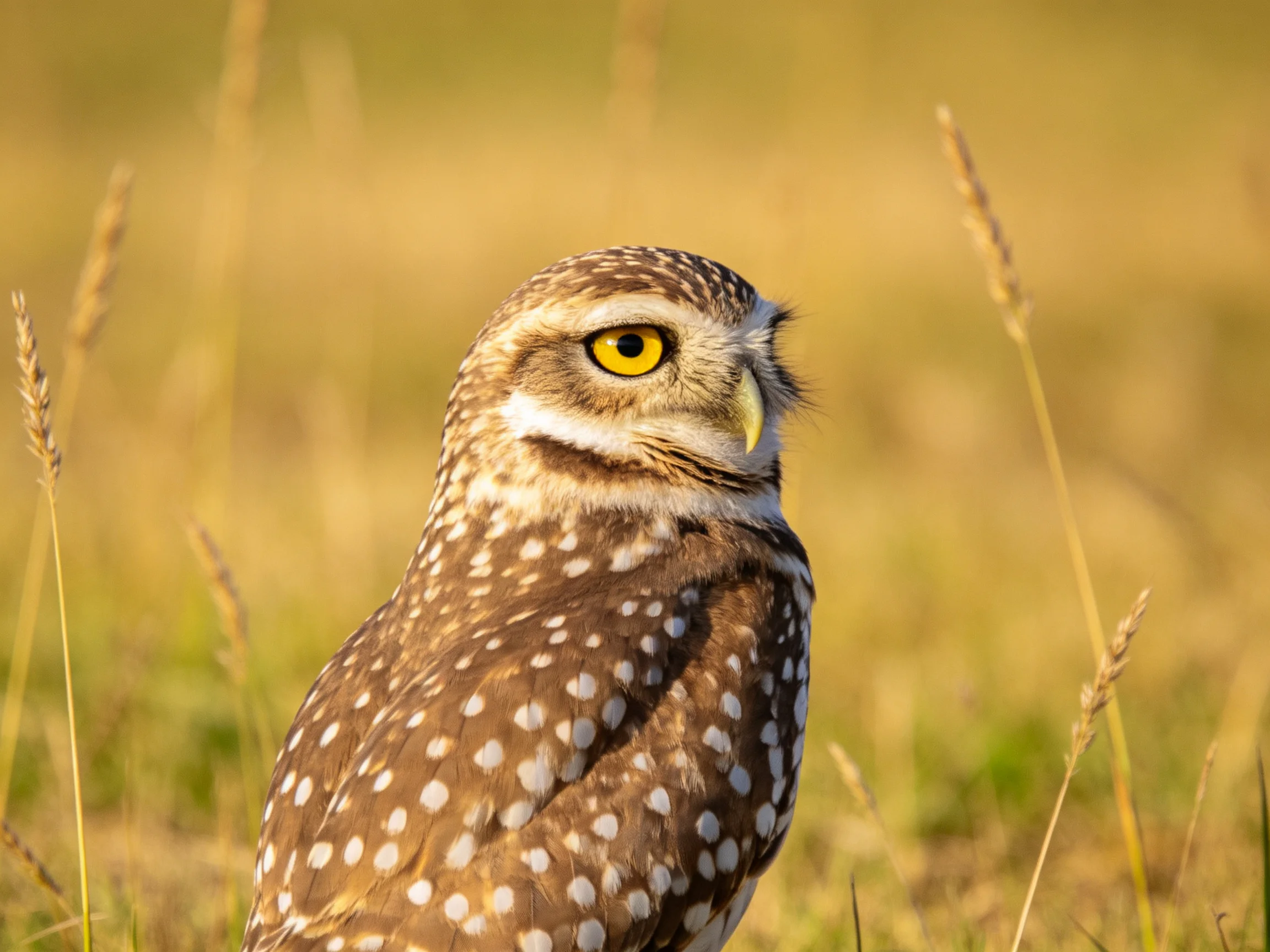 A spotted owl with yellow eyes amidst golden grass