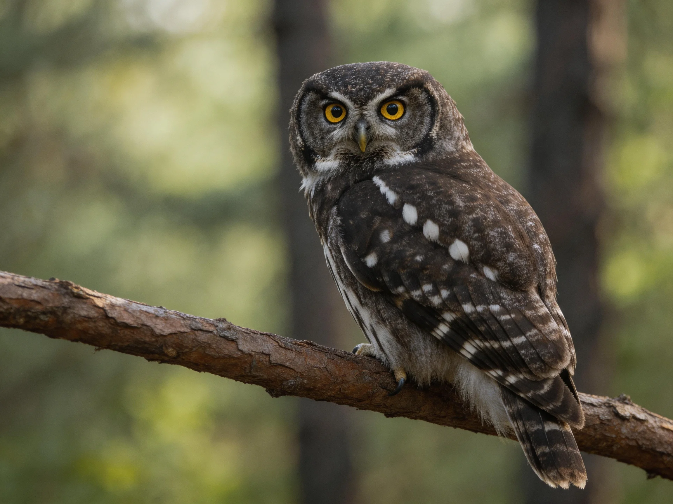 A spotted owl with yellow eyes perched on a tree branch