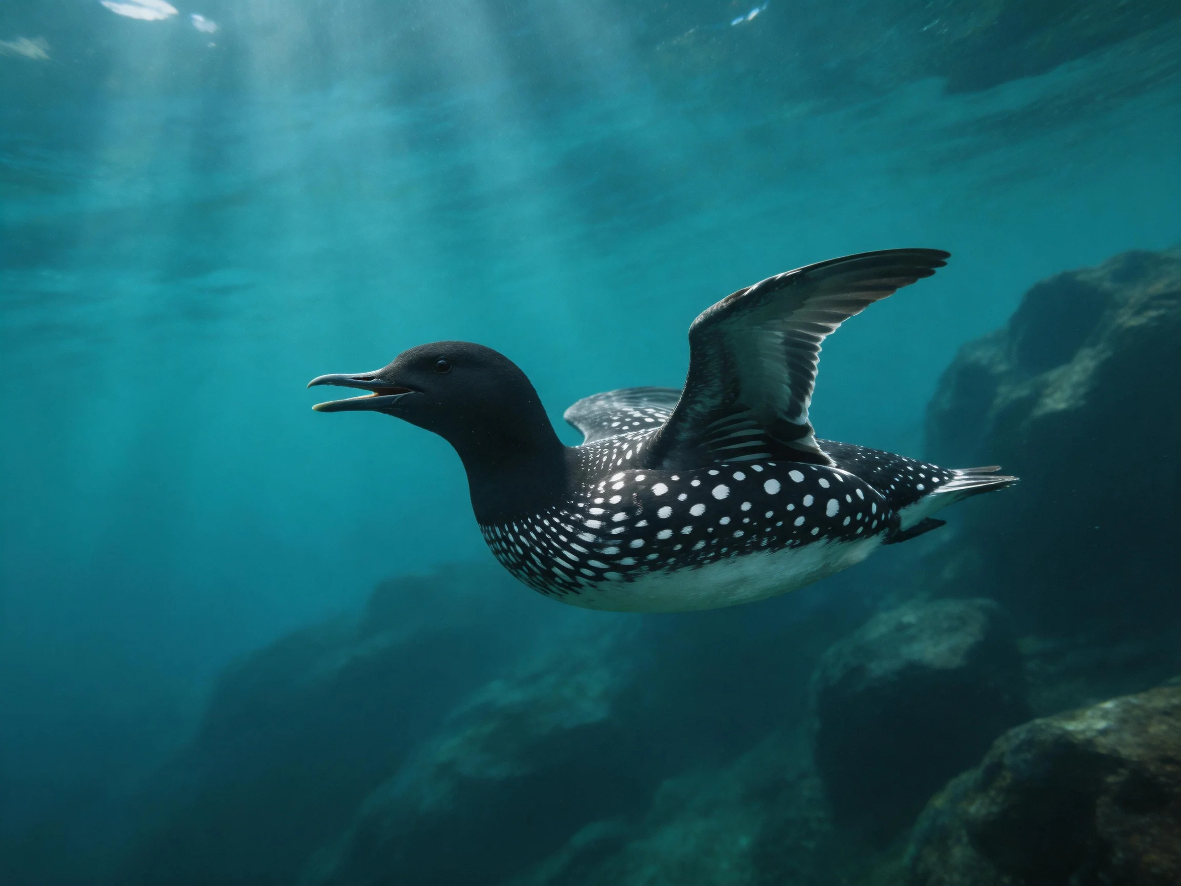 A spotted seabird glides through turquoise waters near rocky formations
