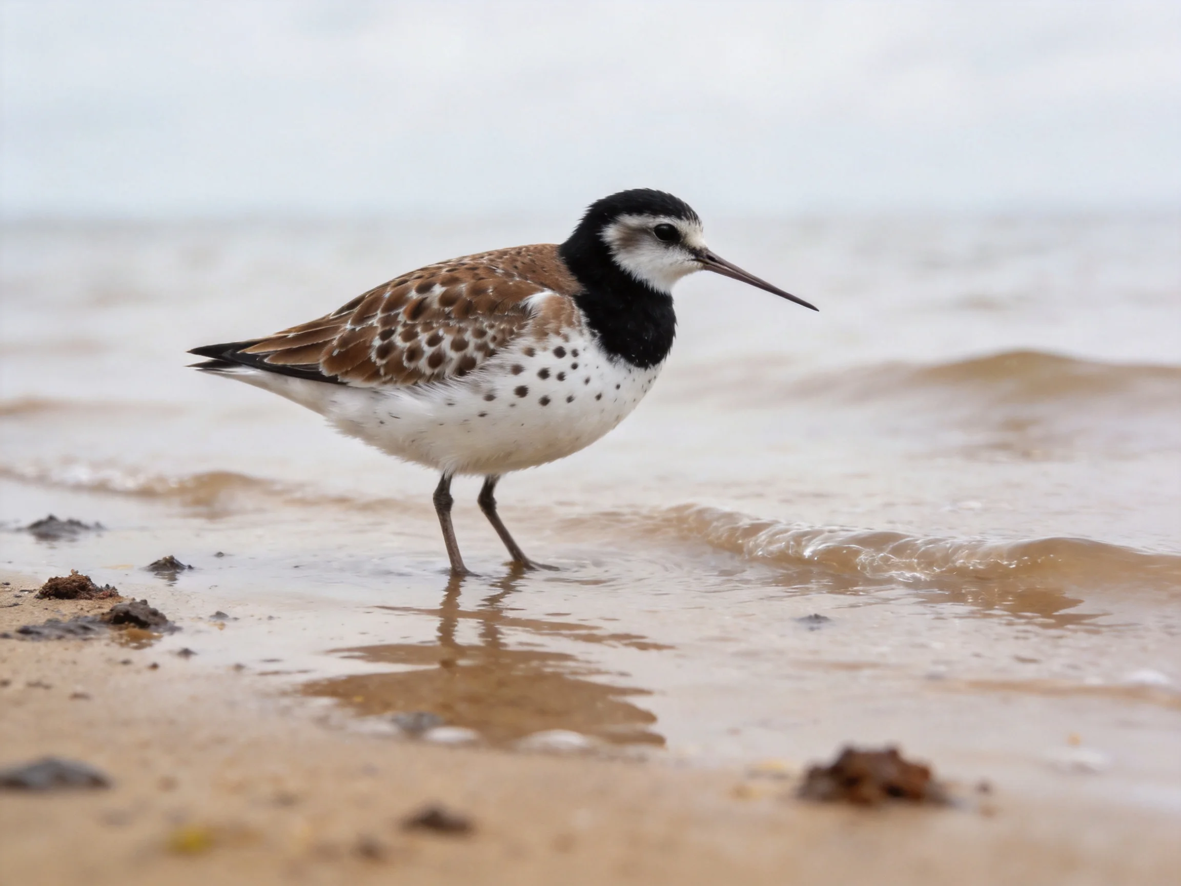A spotted shorebird stands in shallow coastal waters