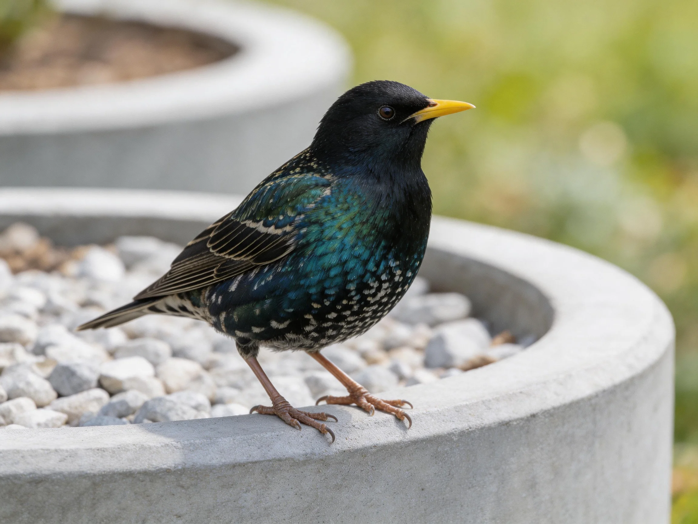 A starling with iridescent plumage perches on a concrete planter
