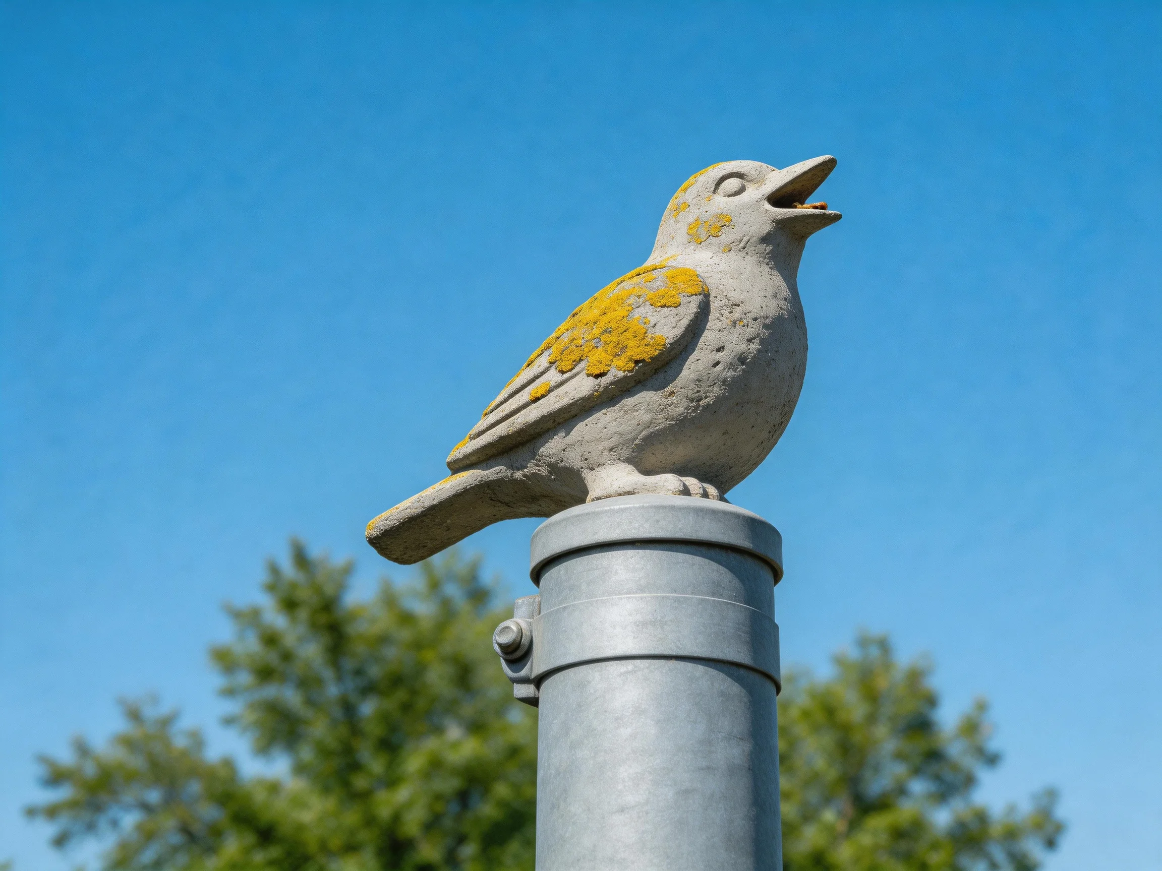 A stone bird sculpture with yellow markings atop a metallic pole