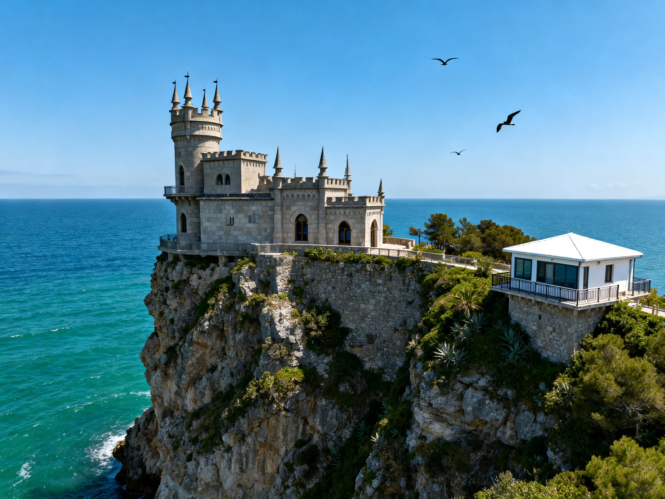 A stone castle on a cliff overlooks turquoise ocean with white outbuilding