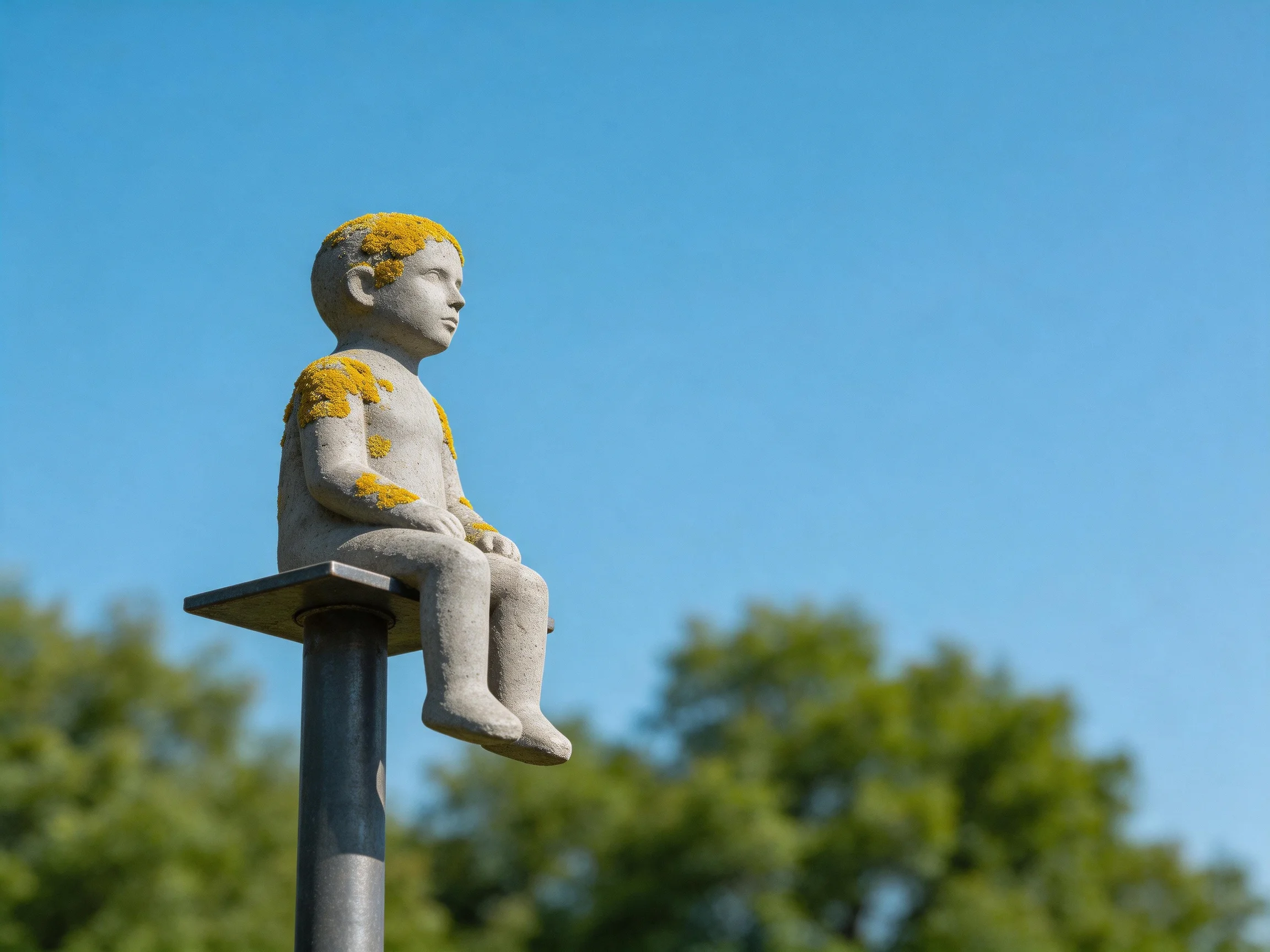 A stone child statue with yellow patches sits on a metal platform