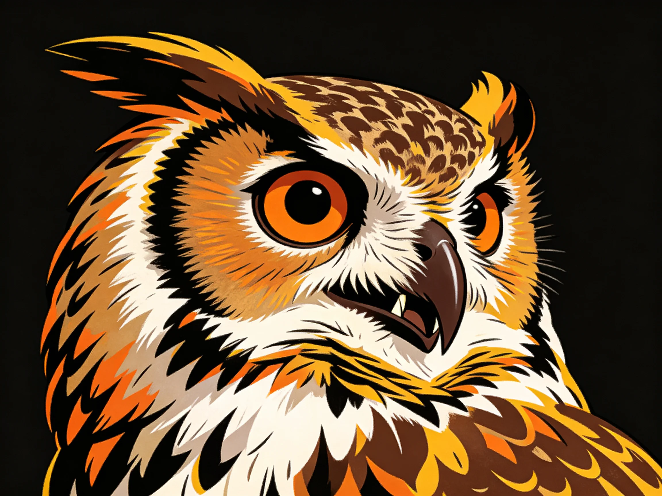 A striking owl portrait with vibrant orange eyes and multicolored plumage