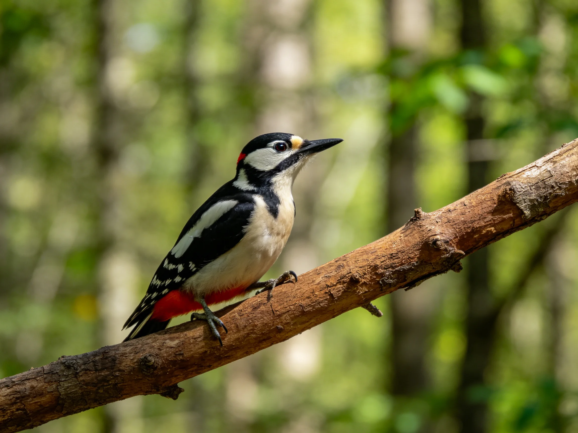 A striking woodpecker with black, white, and red plumage on a brown branch
