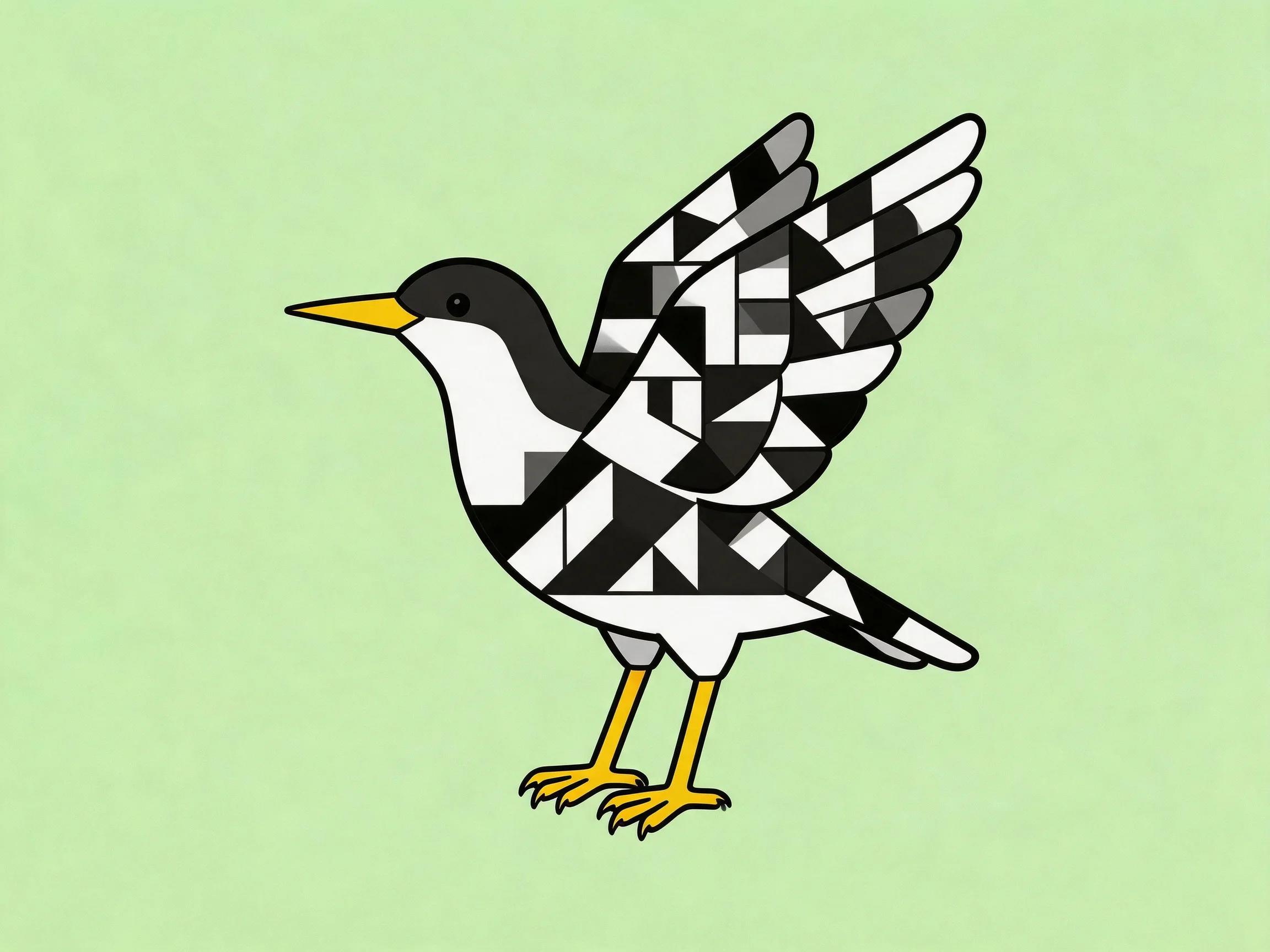 A stylized bird with black and white geometric patterns, yellow beak and legs, on a solid green backg