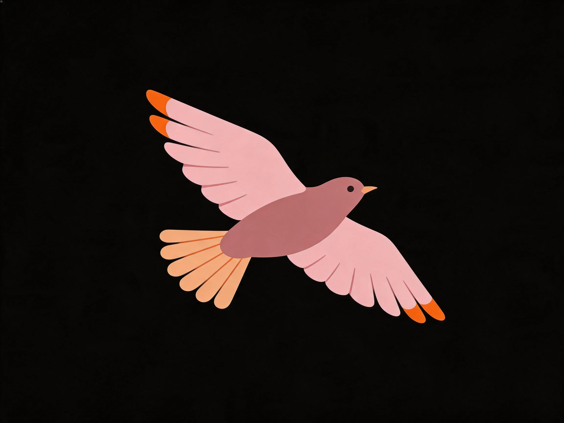 A stylized bird with pink wings, orange accents, flying on black
