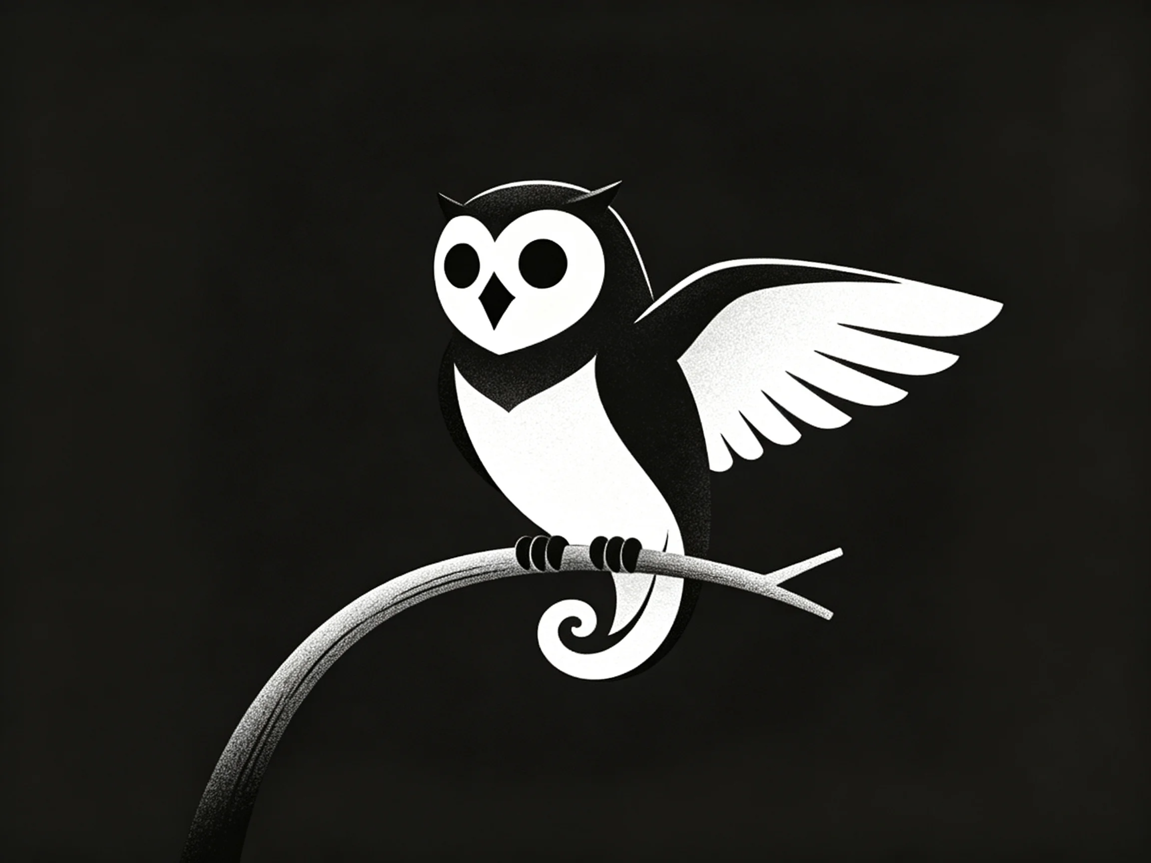 A stylized black and white owl perches on a curved branch