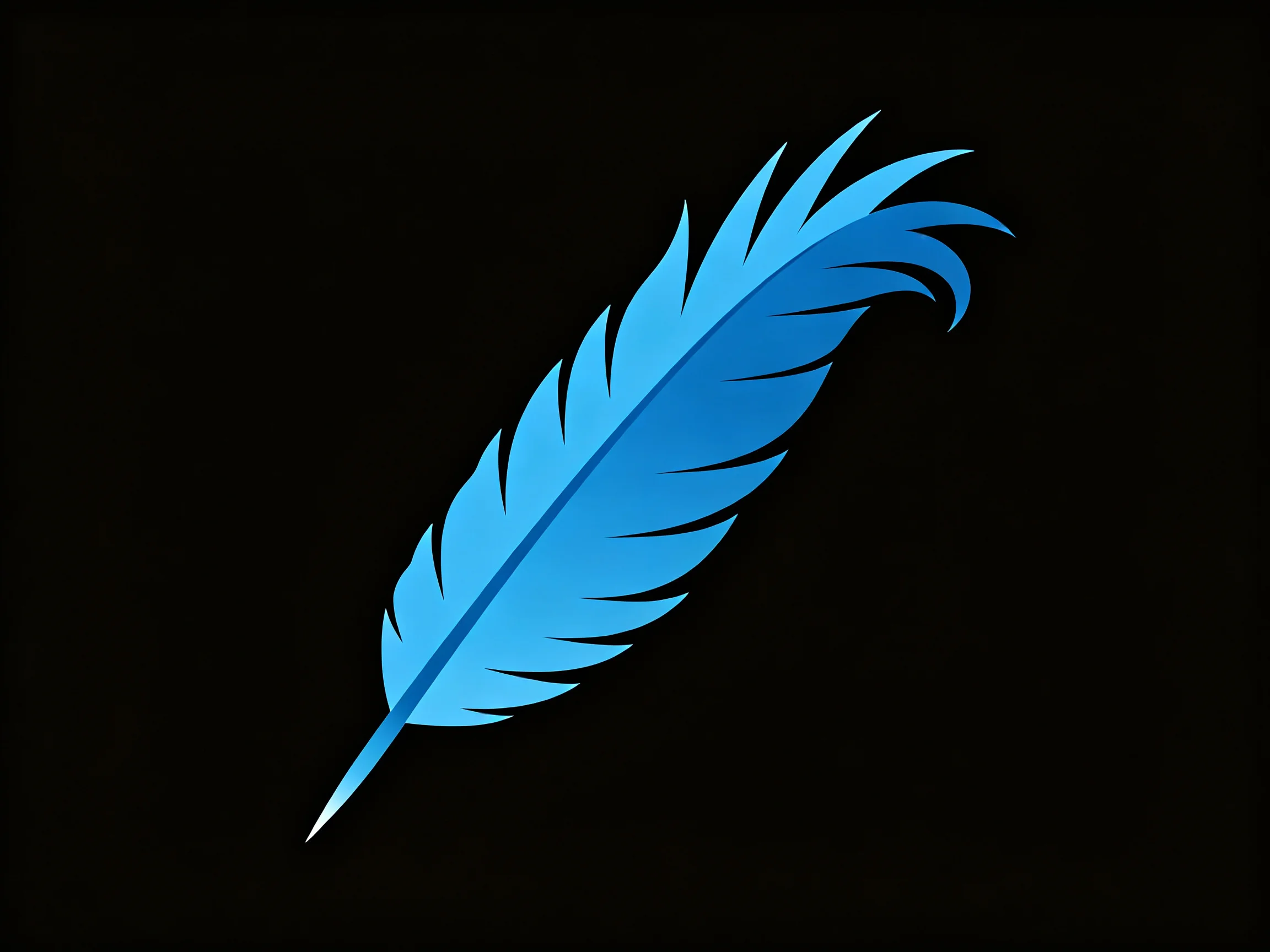 A stylized blue feather graphic on a solid black background