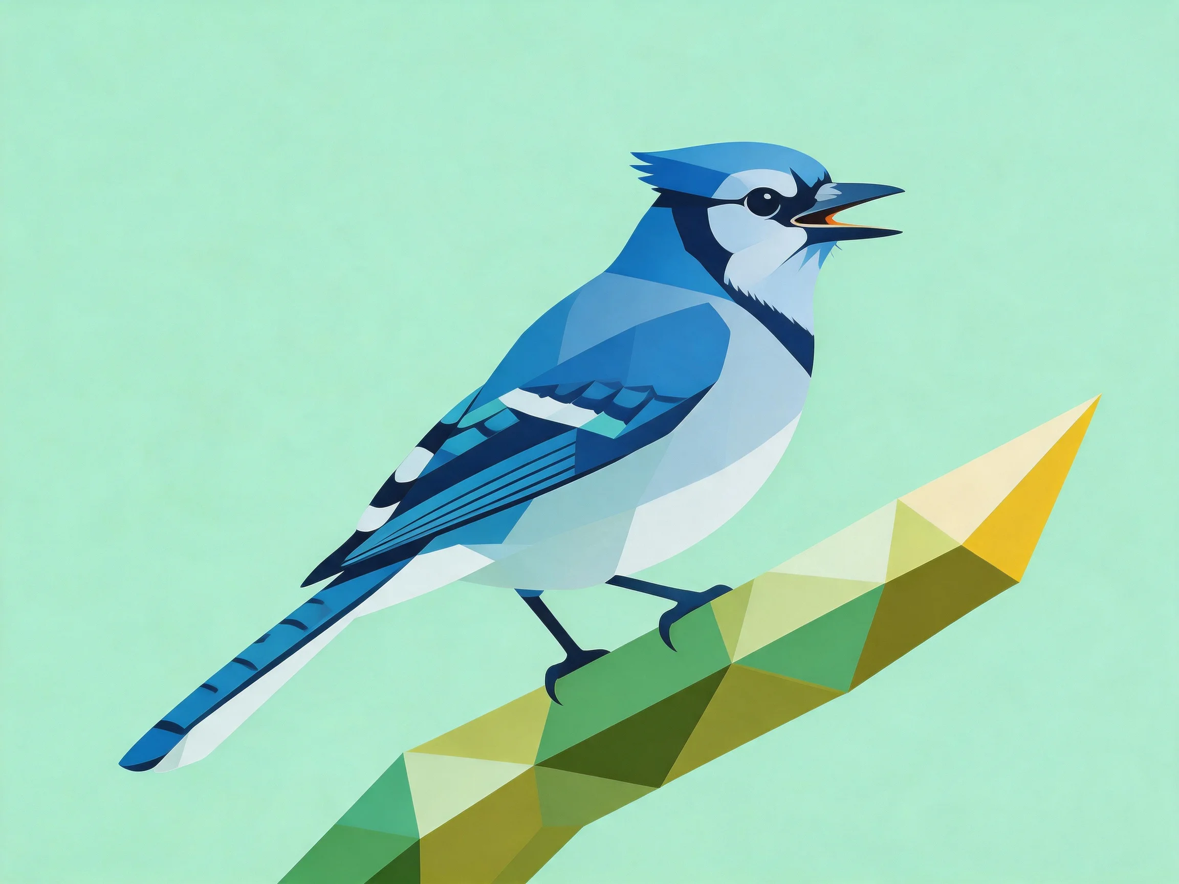 A stylized blue jay perched on a geometric green-yellow branch