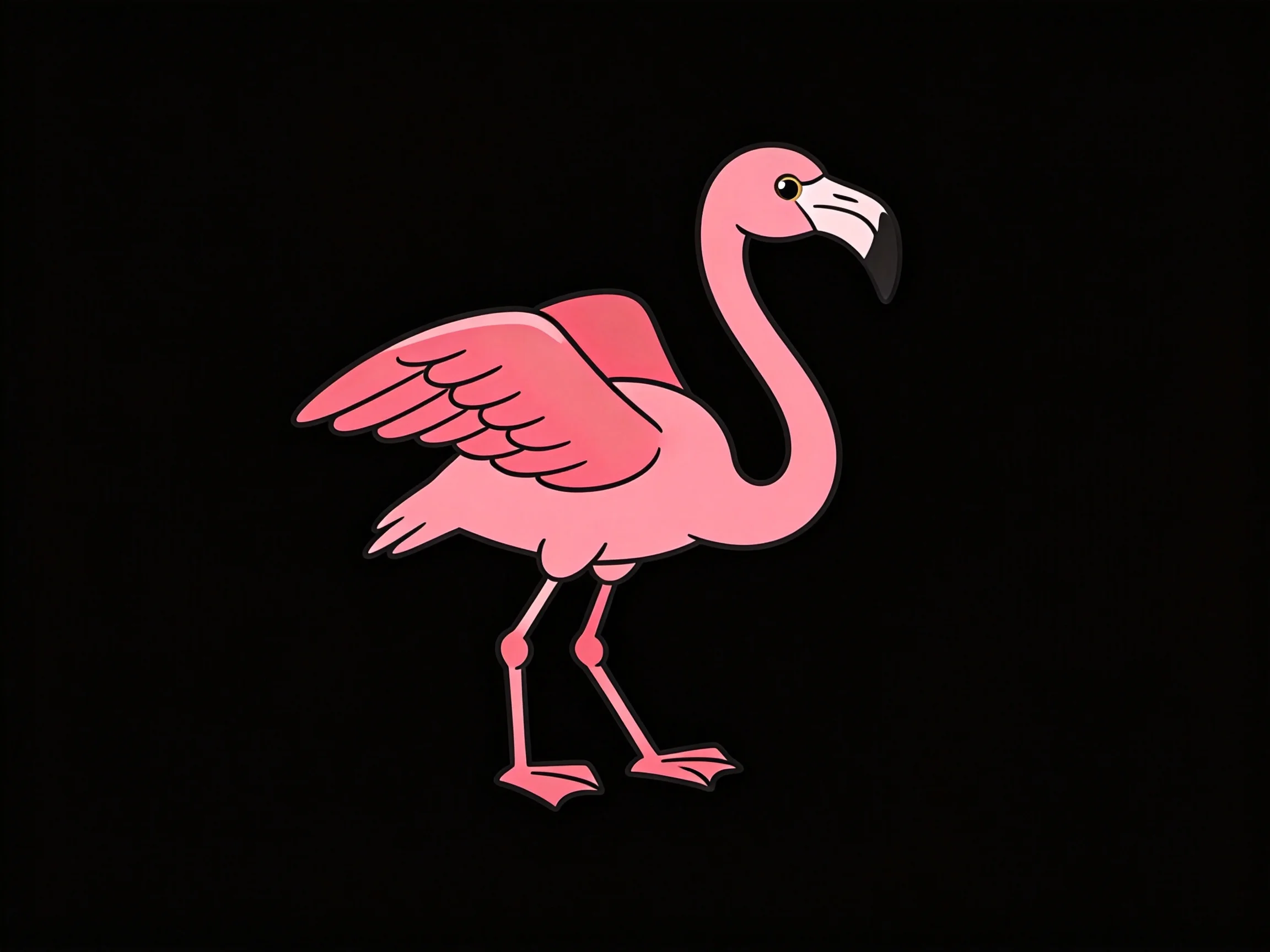 A stylized pink flamingo illustration on a solid black background