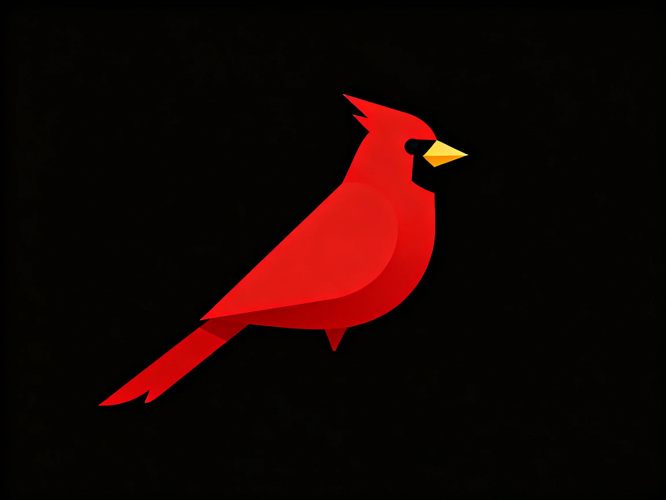 A stylized red cardinal graphic with yellow beak on solid black background