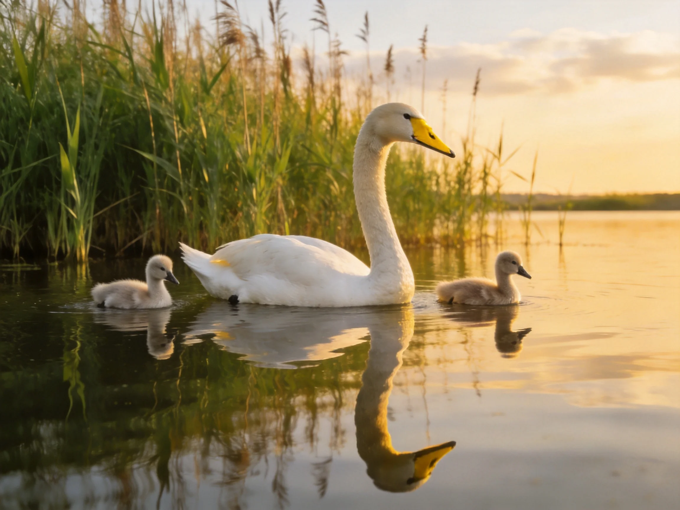 A swan family swimming on calm water near tall reeds at sunset