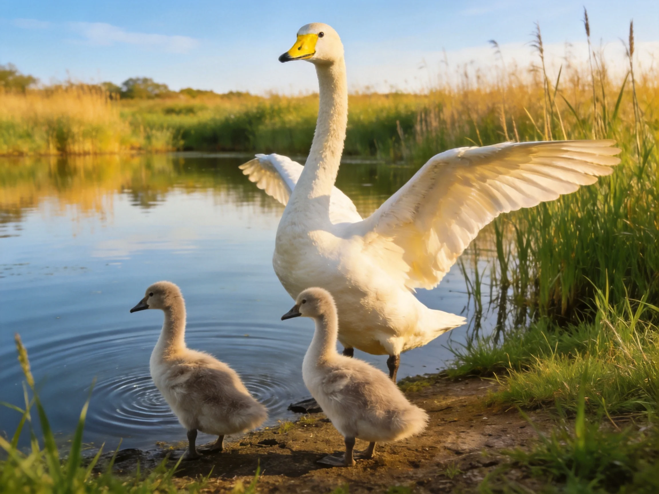 A swan spreads wings near two fluffy cygnets by calm water