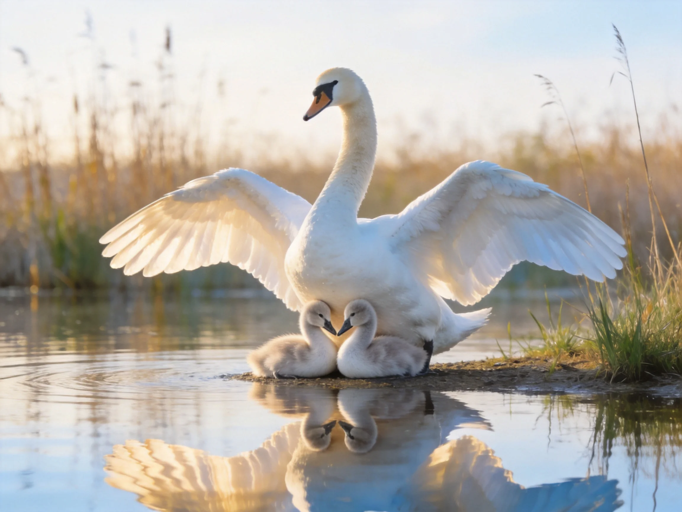 A swan spreads wings over two cygnets by calm water