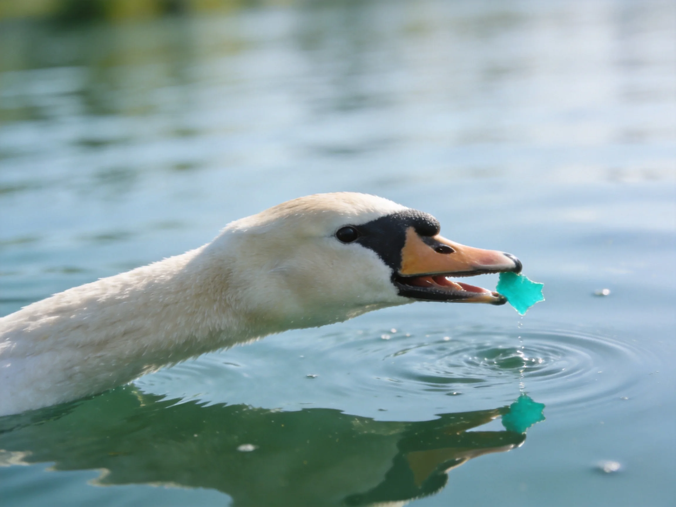A swan with a turquoise object swims in calm water