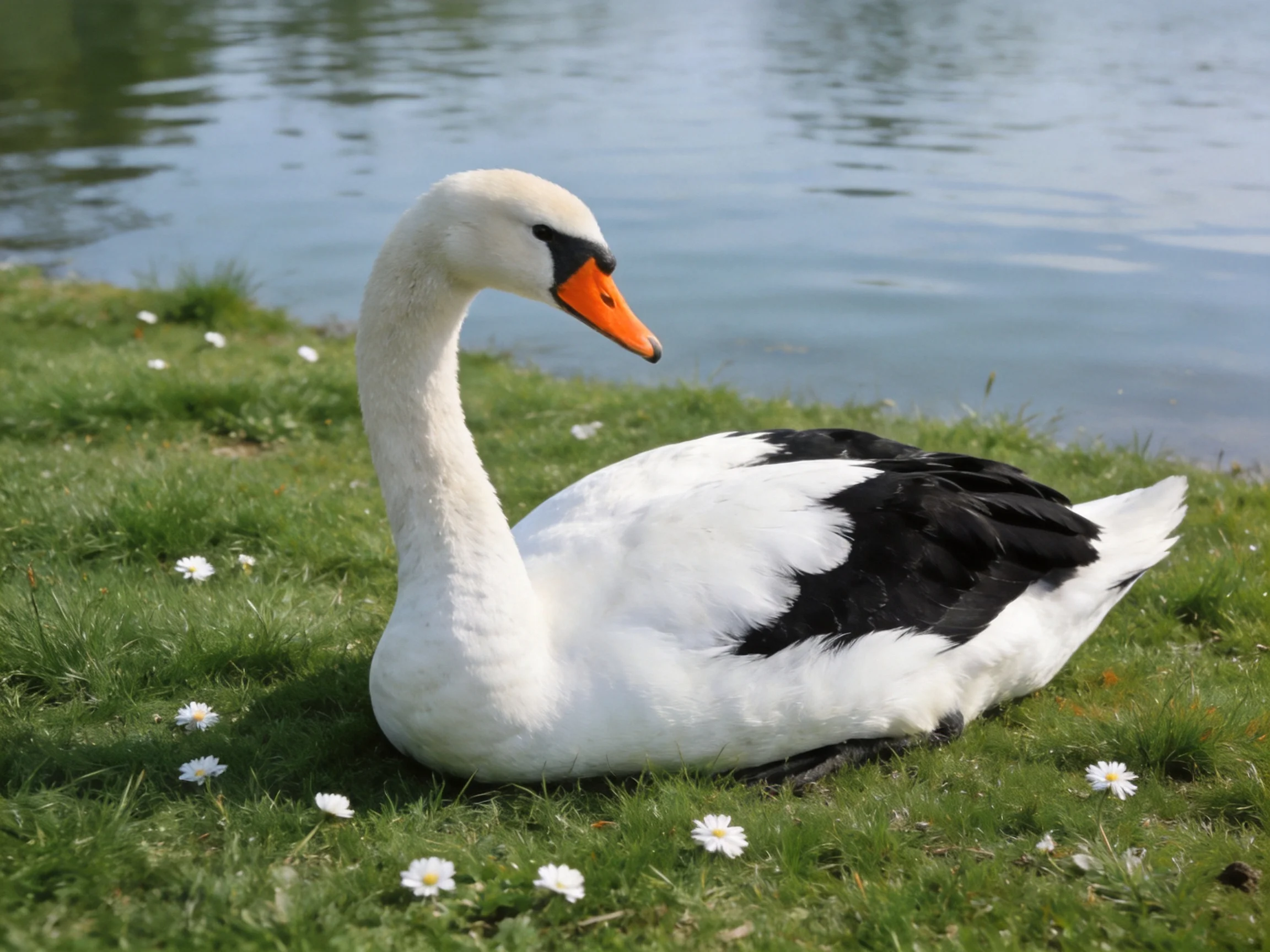 A swan with black and white plumage rests by calm waters