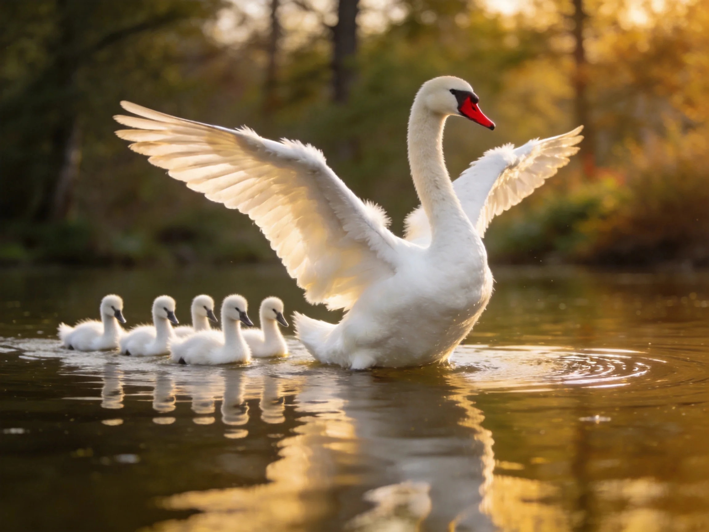 A swan with four cygnets swimming in golden-hued water