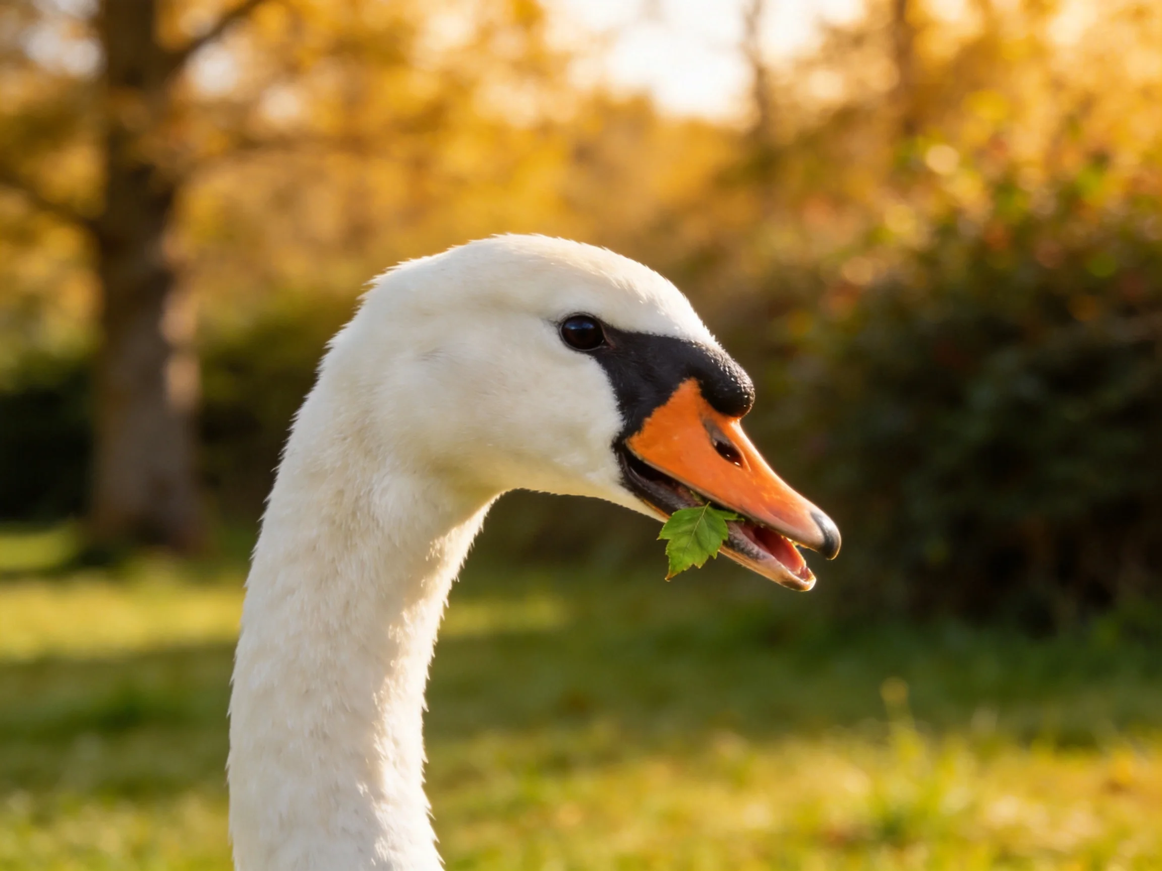 A swan with an orange beak carries a small green leaf in a sunlit natural setting.
