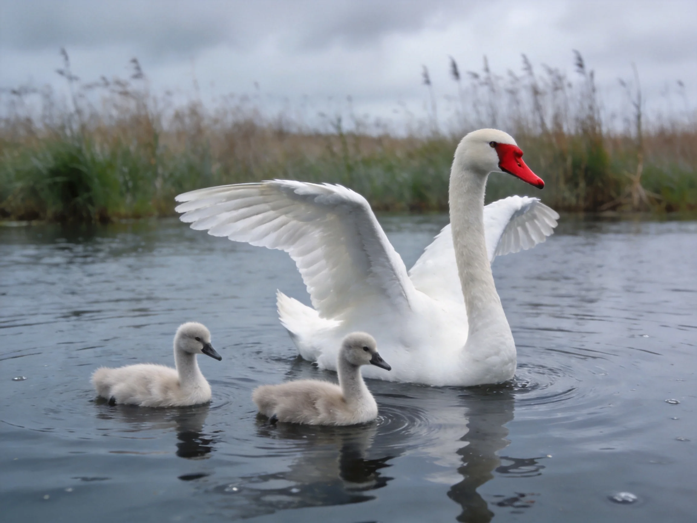 A swan with two cygnets swimming near tall reeds