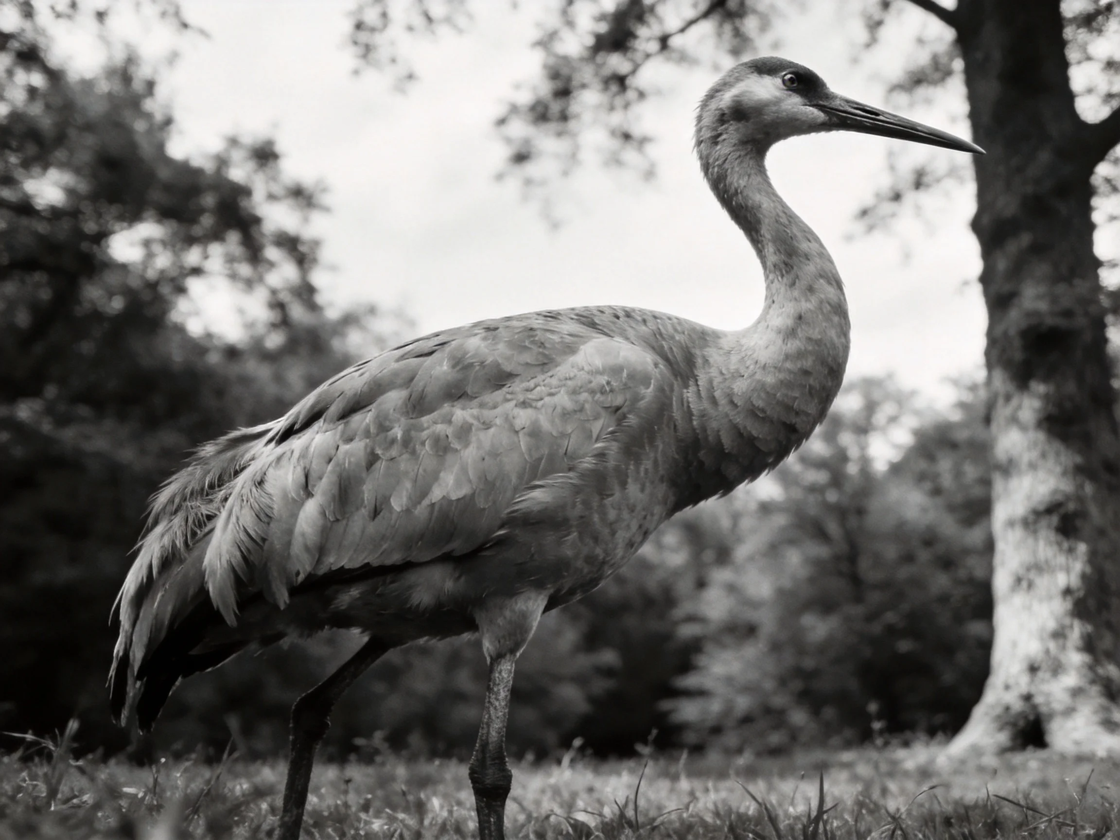 A tall crane with long neck and feathers near a tree