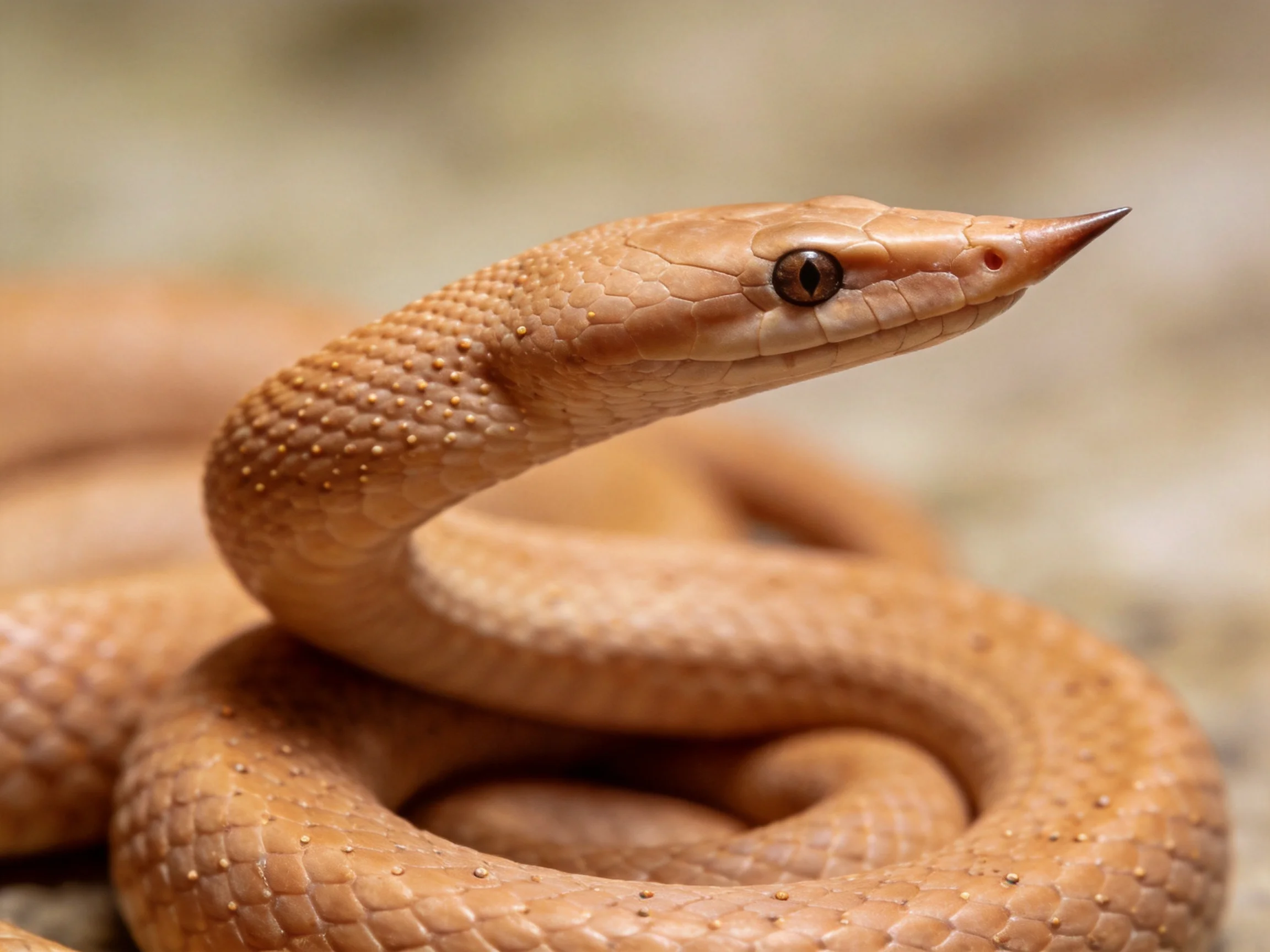 A tan-colored snake with textured scales coils gracefully
