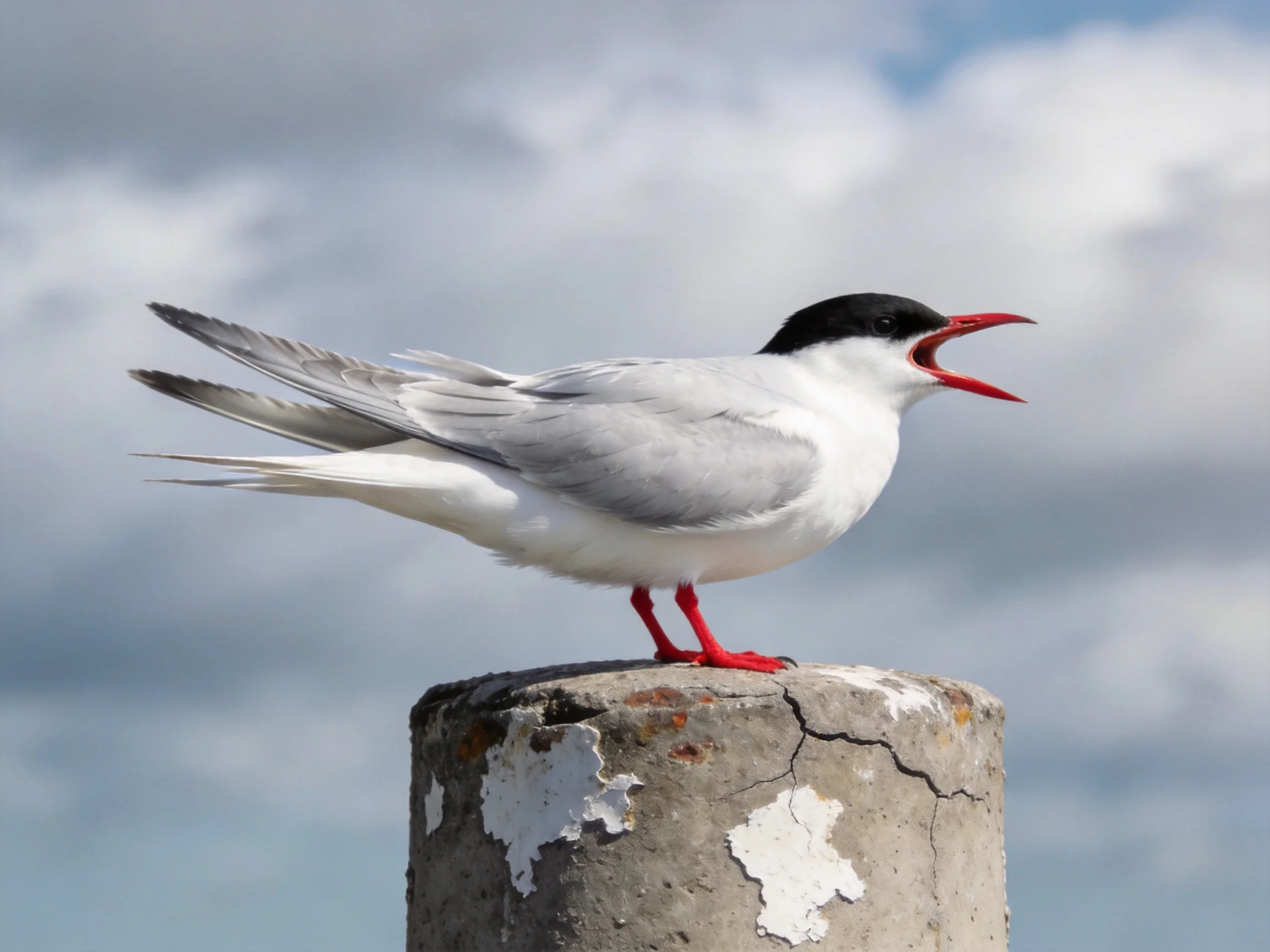 A tern with black cap sits atop a weathered concrete post