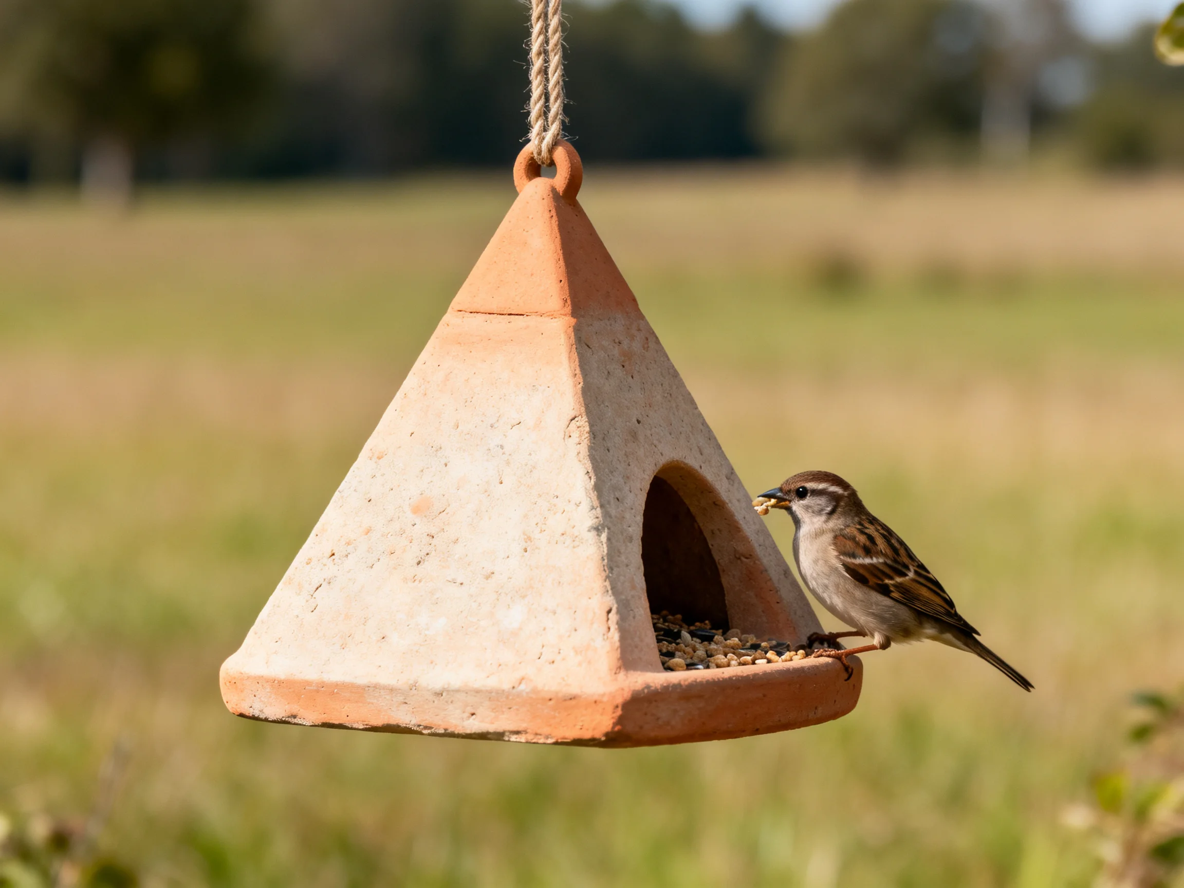 A terracotta pyramid bird feeder with a small brown sparrow feeding