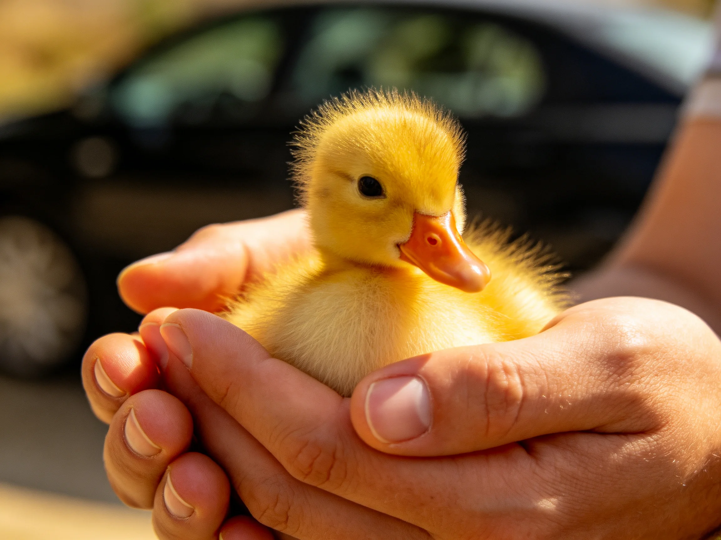 A tiny yellow duckling cradled in hands near a dark car