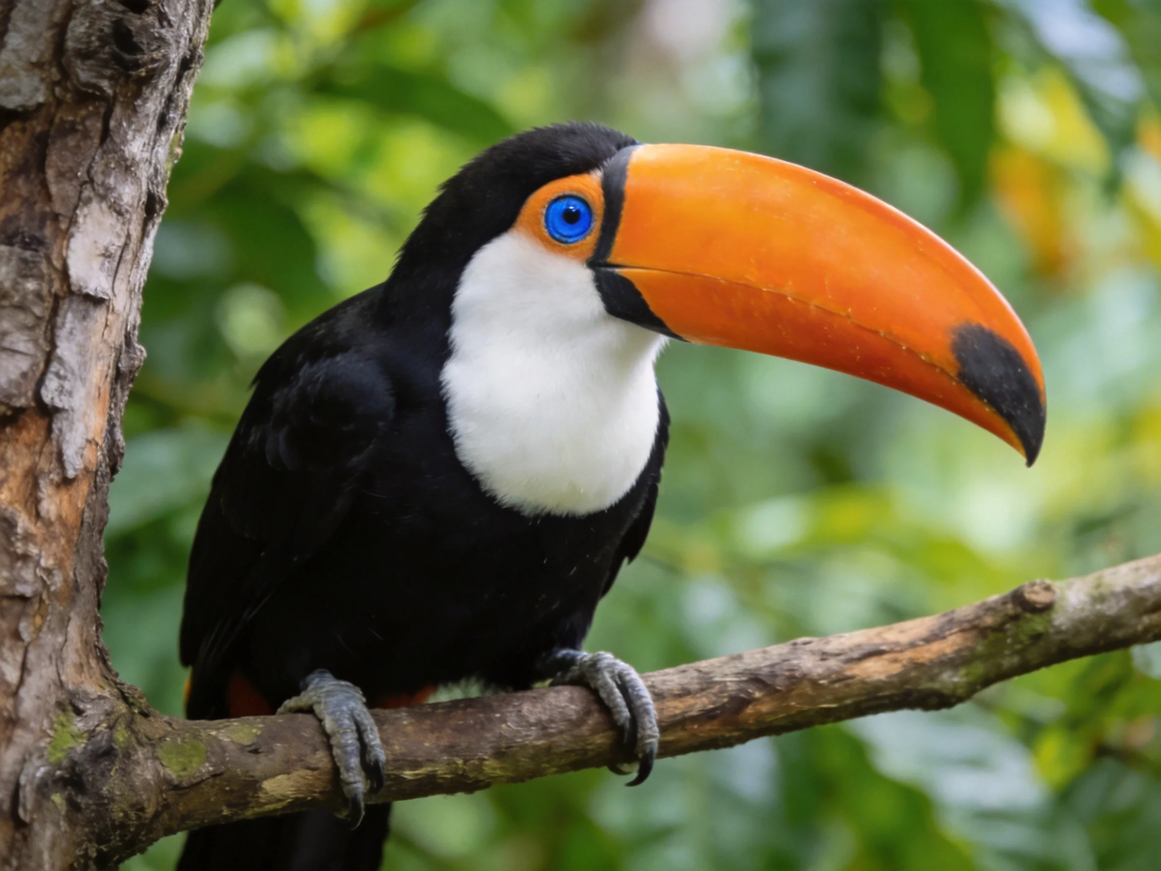 A toucan with a bright orange beak rests on a tree branch among greenery.