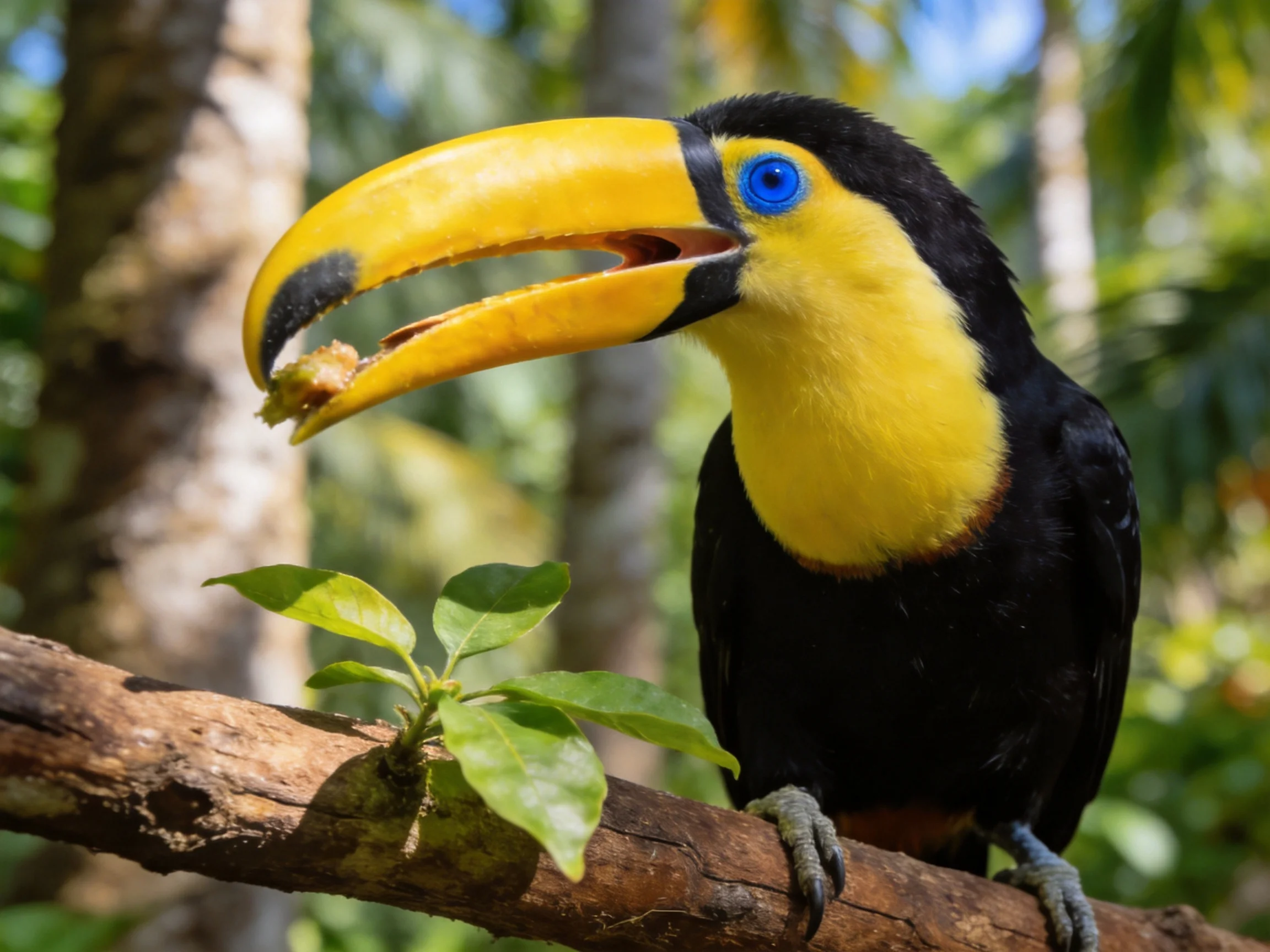 A toucan with a bright yellow beak holds food while sitting on a branch.