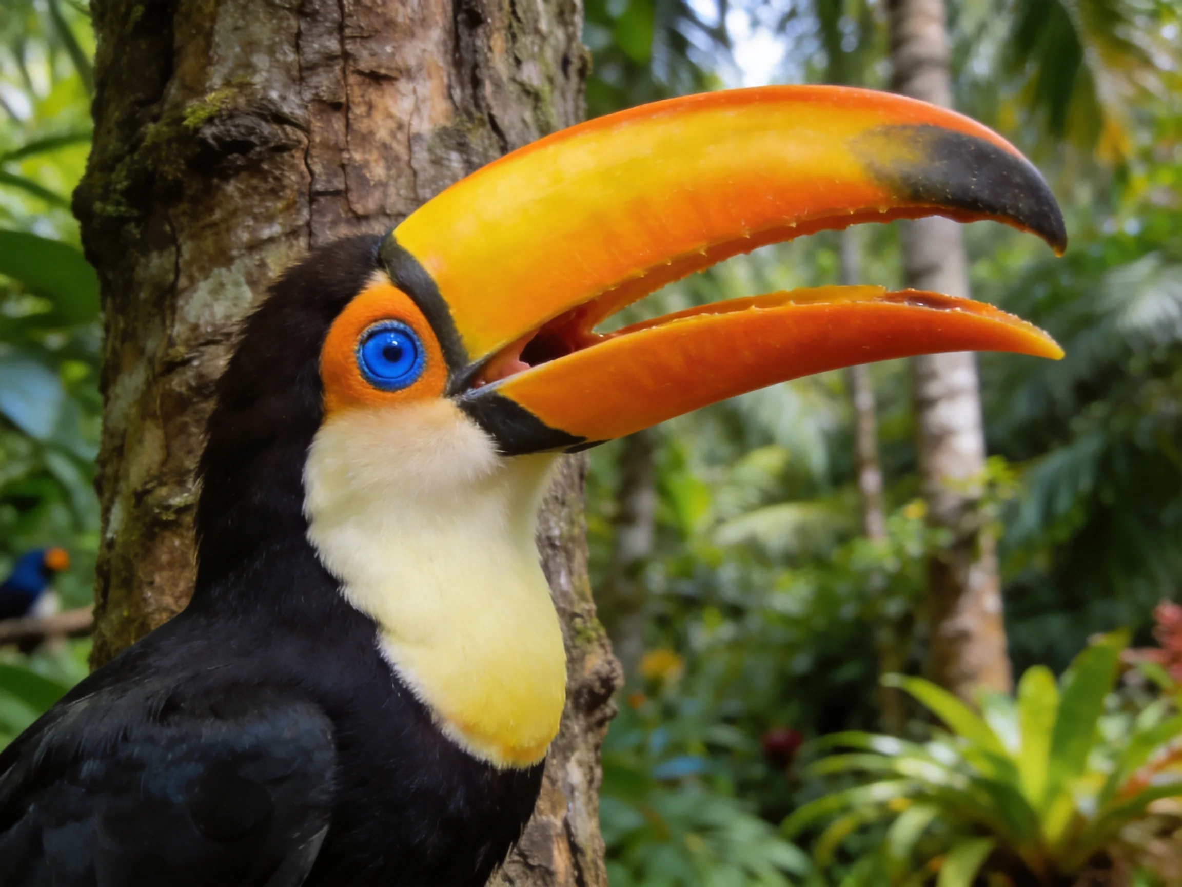 A toucan with a large orange beak stands next to a tree amid dense greenery.
