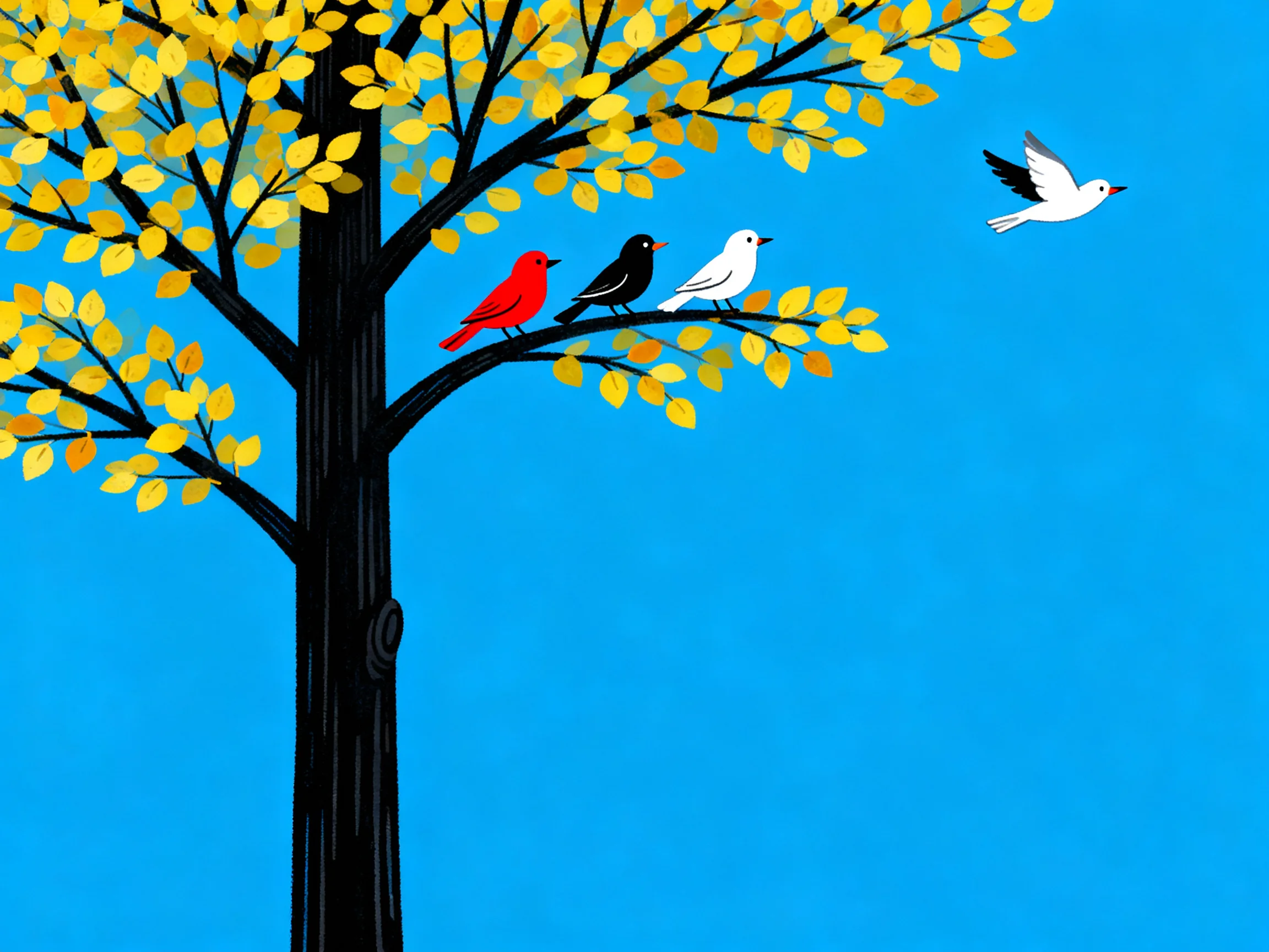 A tree with golden leaves has three perched birds, one flying.