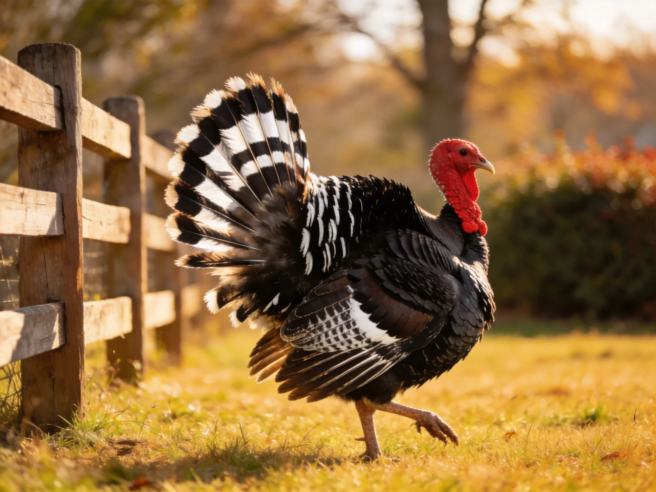 A turkey with bold black and white tail feathers near a wooden fence