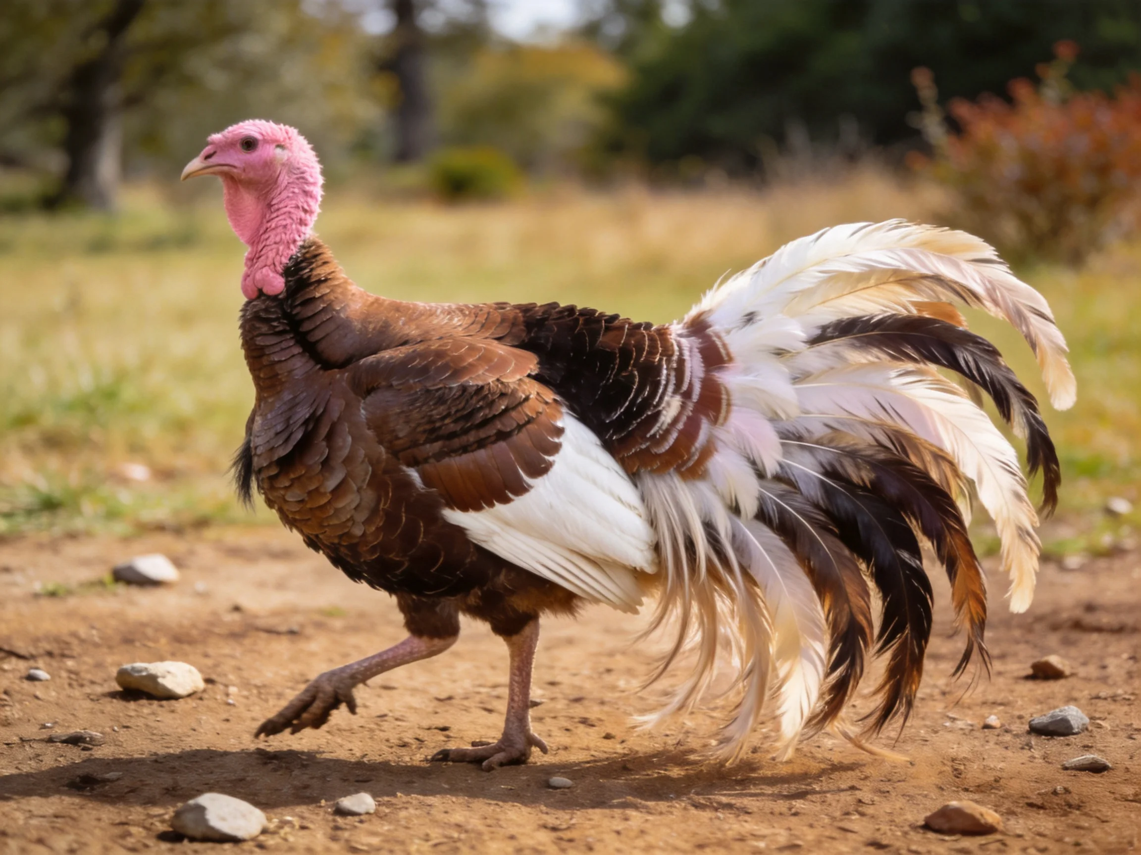 A turkey with colorful plumage moves along a dirt path outdoors.