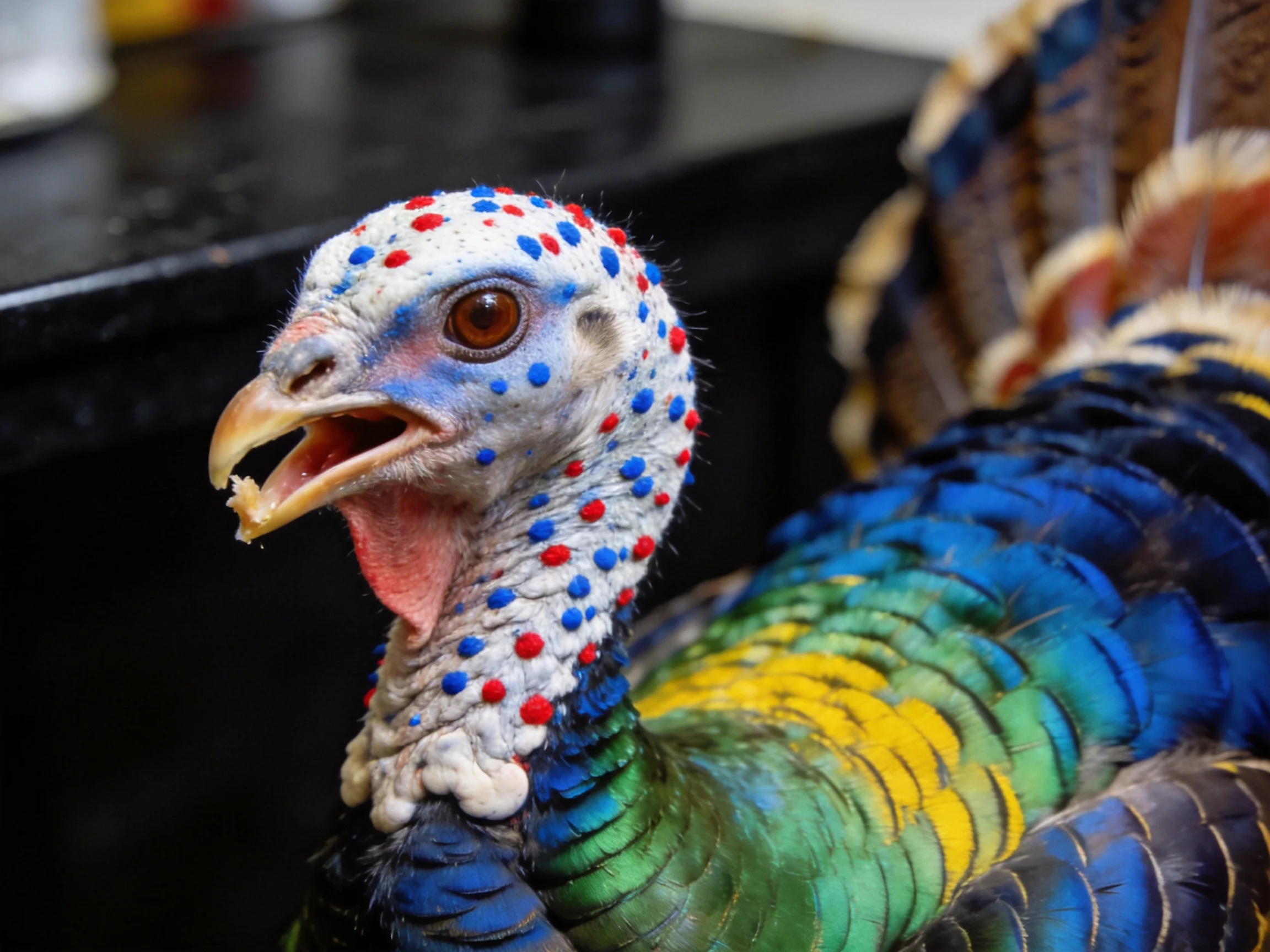A turkey with red and blue spotted head and multicolor plumage