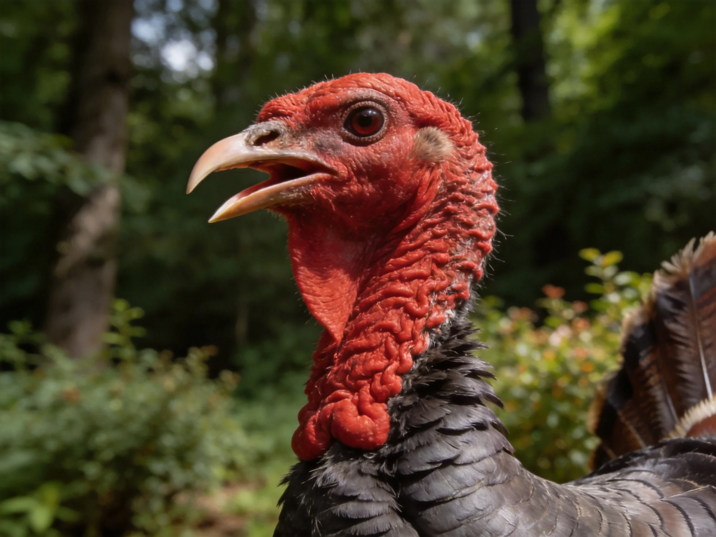 A turkey with a red head is situated in a lush, wooded area.